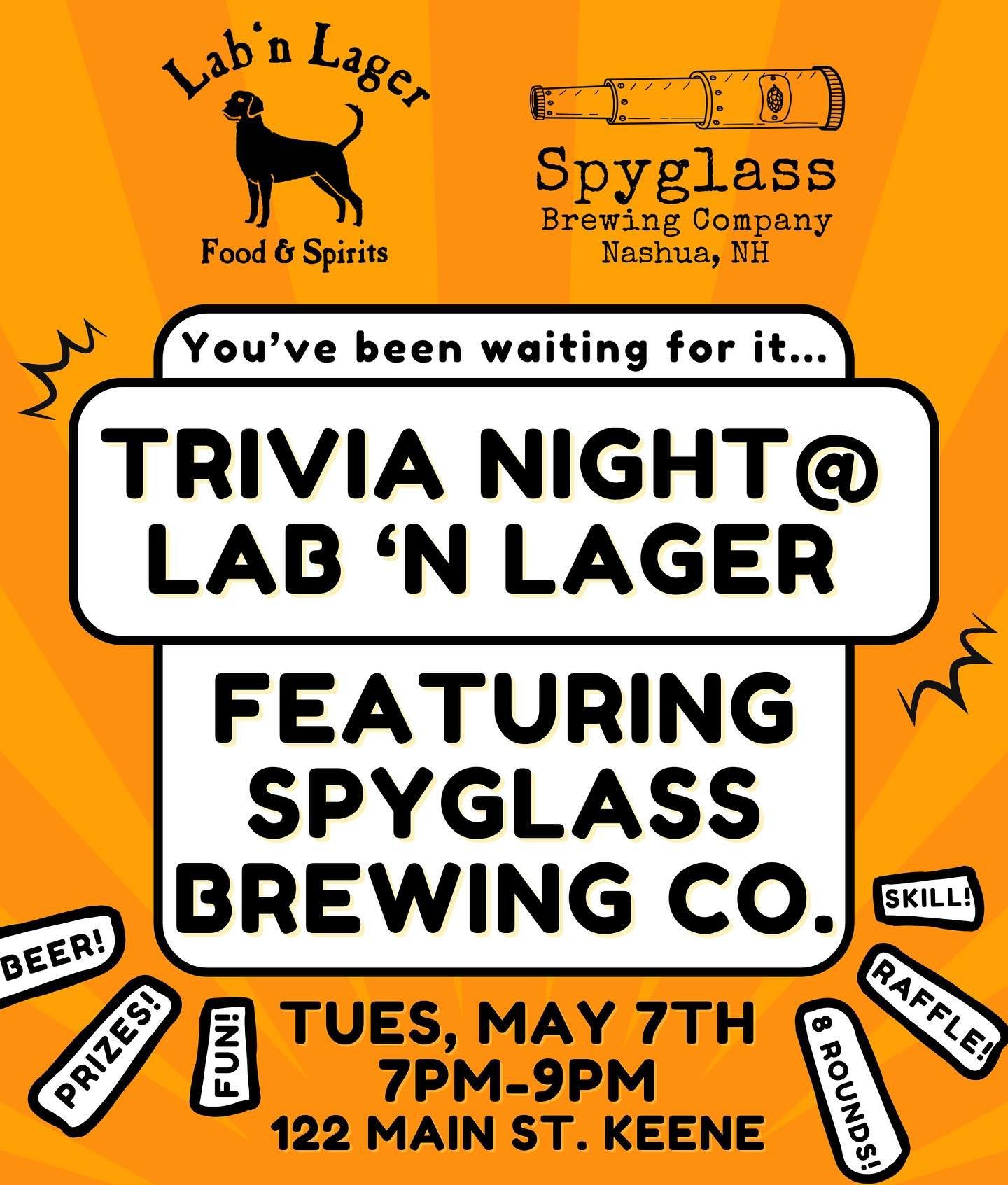 Trivia Night @ Lab &rsquo;N Lager!

Spyglass is sponsoring Lab&nbsp;&lsquo;n&nbsp;Lagers&nbsp;monthly trivia night on Tuesday May 7th from 7-9pm. There will be a handful of small prizes for the winners of each round plus a grand prize that will be ra