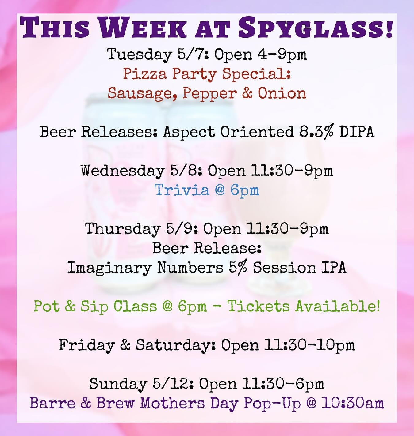 This Week at Spyglass!

Tuesday 5/7 Open 4-9pm 
🍕Chef Special Pizza - Sausage, Pepper &amp; Onion - crumbled hot Italian sausage, roasted red peppers, onion, red sauce, and a spinach pesto

Spyglass Trivia Night at @labnlager in Keene, NH 7-9pm

Wed