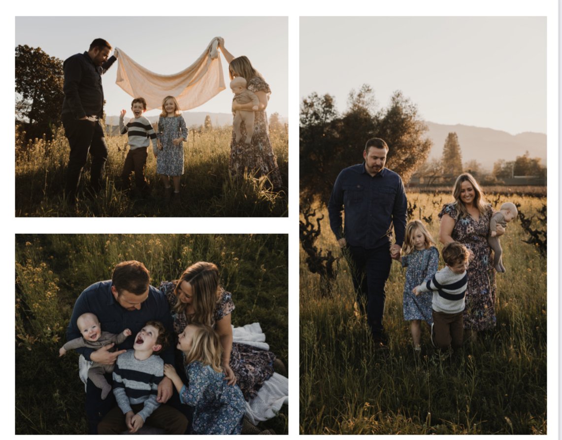 Photo is of a family in a vineyard in Napa, CA taken by Margaret Nissen a Napa family photographer.