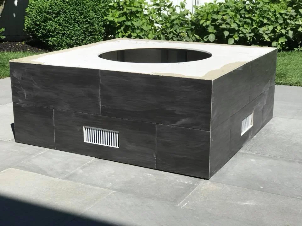 Edgartown Gas/Propane Fire Pit built with Tile and Blue Stone