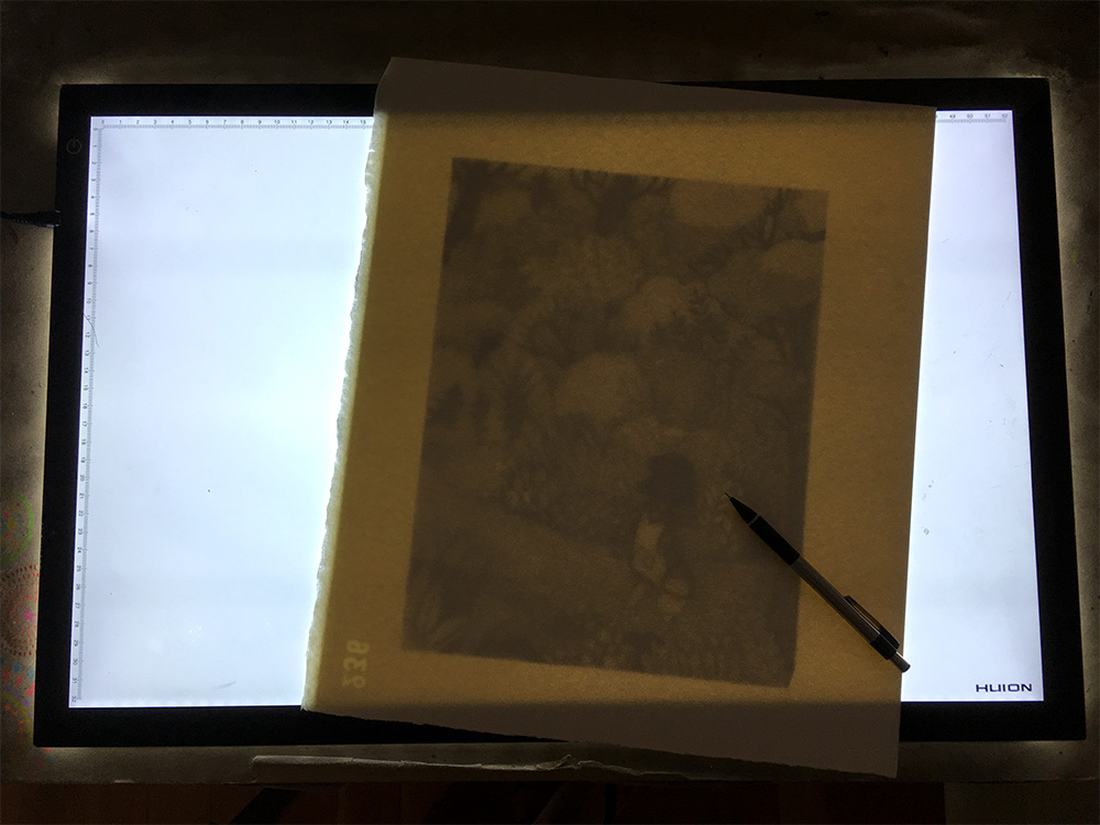 Super thin LED light tables. Wow. Game changers. The paper here is Arches 300lb, and I can still see my sketch through it, even in the daytime. I have a small travel light table as well, because I really can't live without one. 