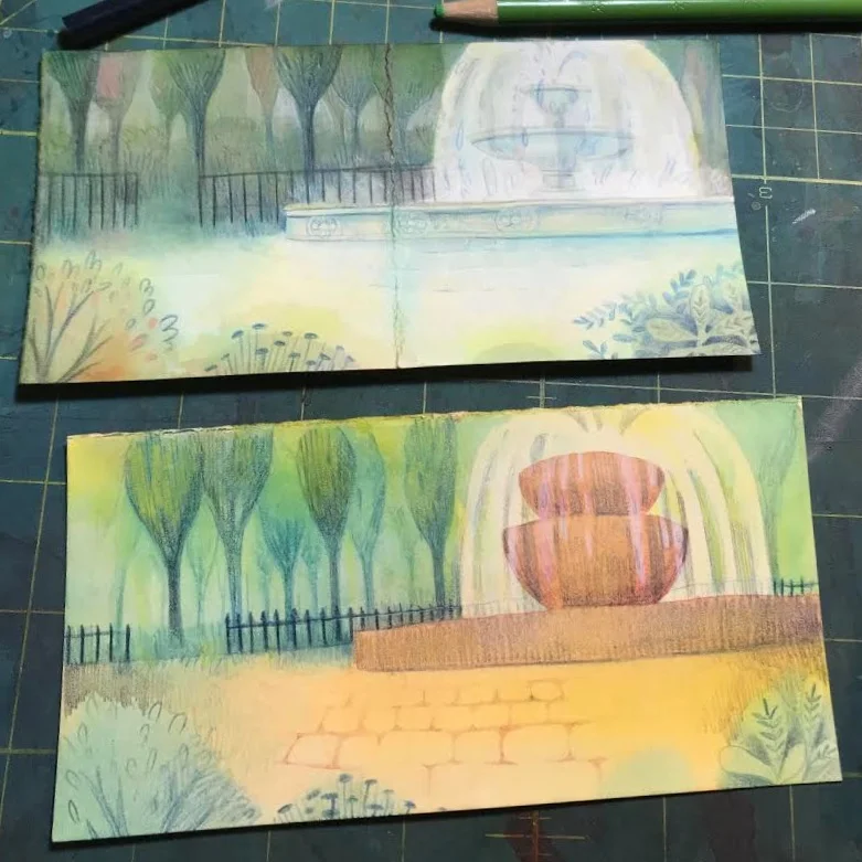 Two color studies for the same piece. Although I was still working out the drawing with these, you can see what different moods the colors create in each piece. (And note the colored pencil at the top for scale. These are tineh!)