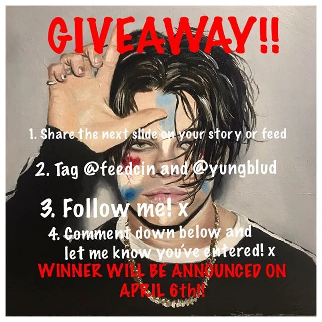 I want to give this painting of Dom away to a @yungblud fan for free!!! All of you are so cute and nice I want to give you something special! 🤗 
Rules:
1. Share the second slide on your story or feed
2. tag @feedcin and @yungblud 
3. Follow me!
4. C
