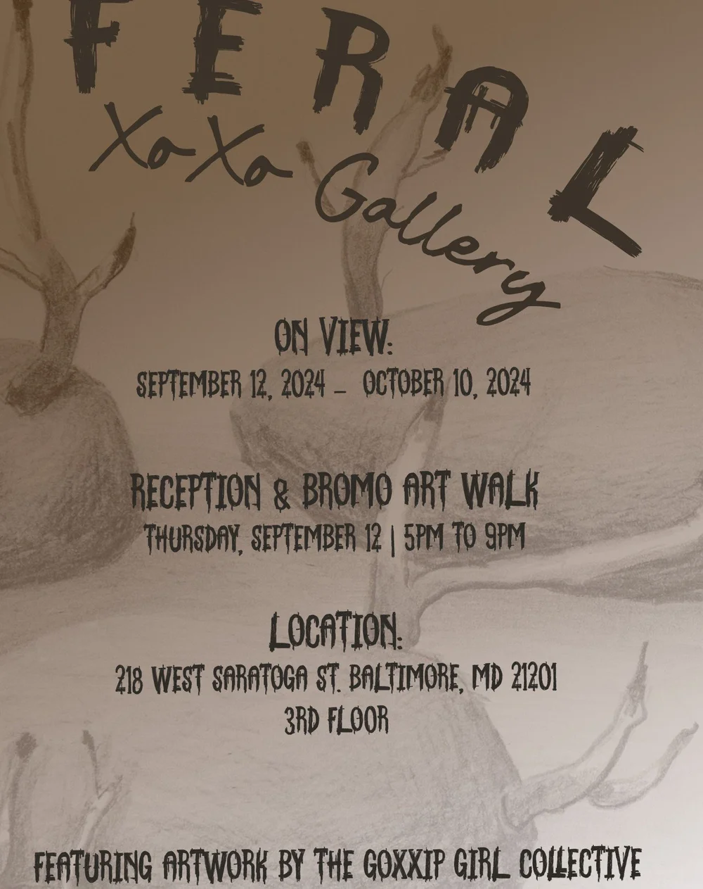 Join us in celebrating the grand opening of XoXo Gallery with &ldquo;Feral,&rdquo; a group exhibition featuring the Goxxip Girl Collective, a Maryland based group of womxn artists. &rdquo;Feral&rdquo; explores the construct of domesticity metaphorica