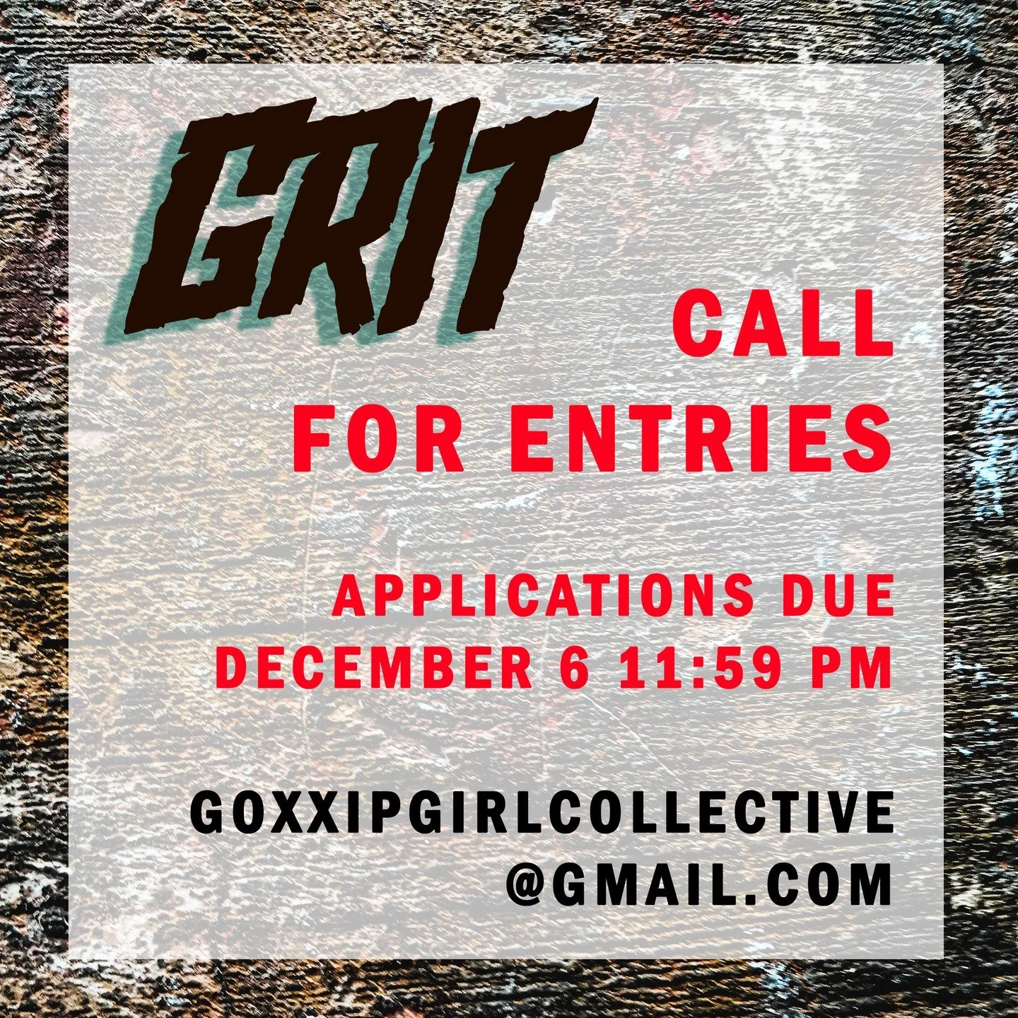 💋 Seeking art work submissions❗
GRIT
Curated by: Grace Doyle

XoXo Gallery is seeking artwork for GRIT, an upcoming exhibition that celebrates contradiction, incongruities and visual tension in relation to material, texture, and scale. Is your work 