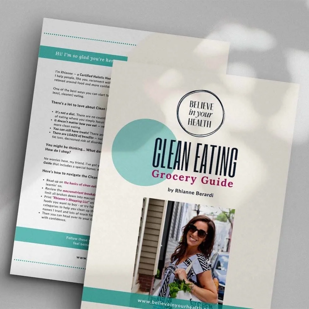 Front and back of a grocery guide booklet titled 'Clean Eating Grocery Guide' by Rhianne Berardi, with the front cover featuring a woman with dark hair, sunglasses, and a striped top, holding a grocery bag, standing outdoors.