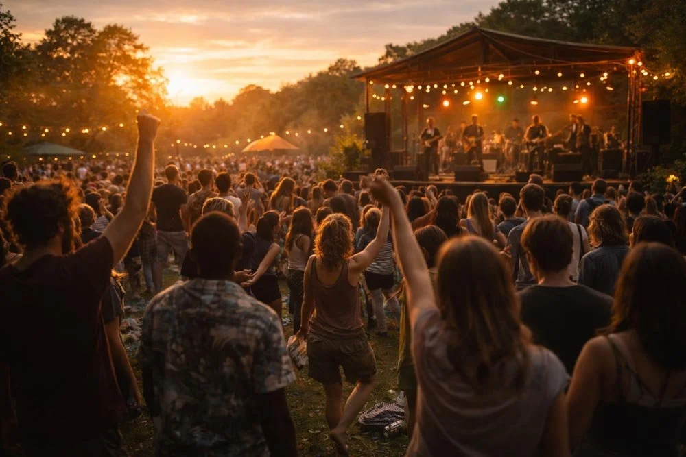 roots CARAVAN Open Air Konzert mit tanzendem Publikum bei Sonnenuntergang in sommerlicher Atmosphäre