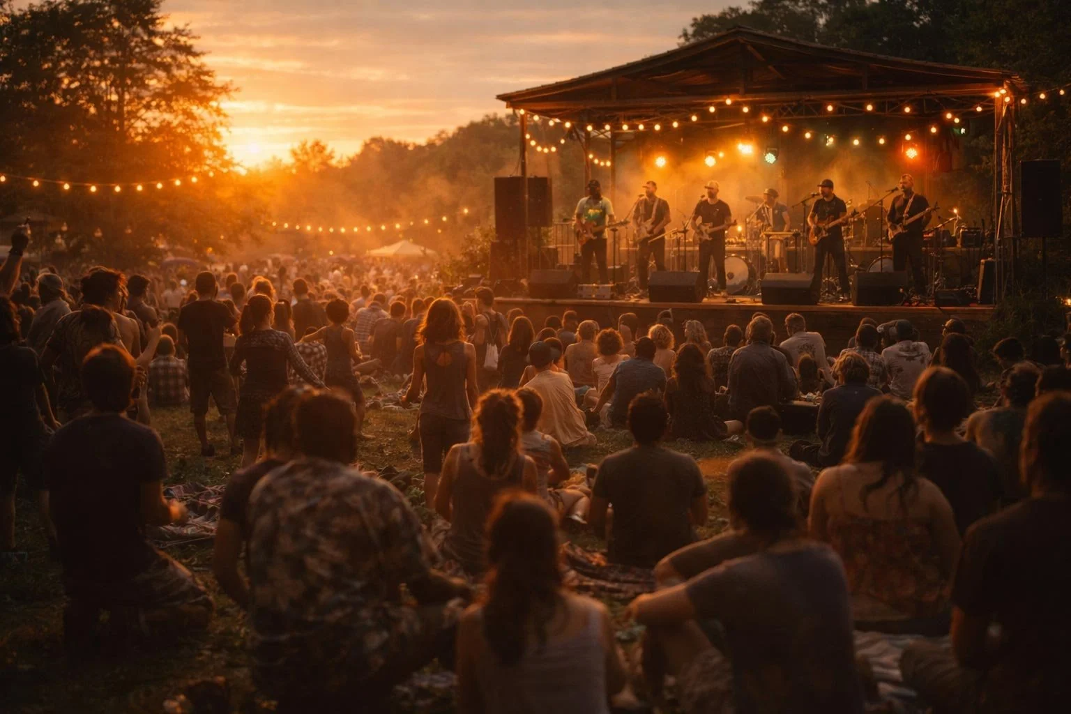 roots CARAVAN Live Open Air Konzert bei Sonnenuntergang mit Publikum in sommerlicher Atmosphäre