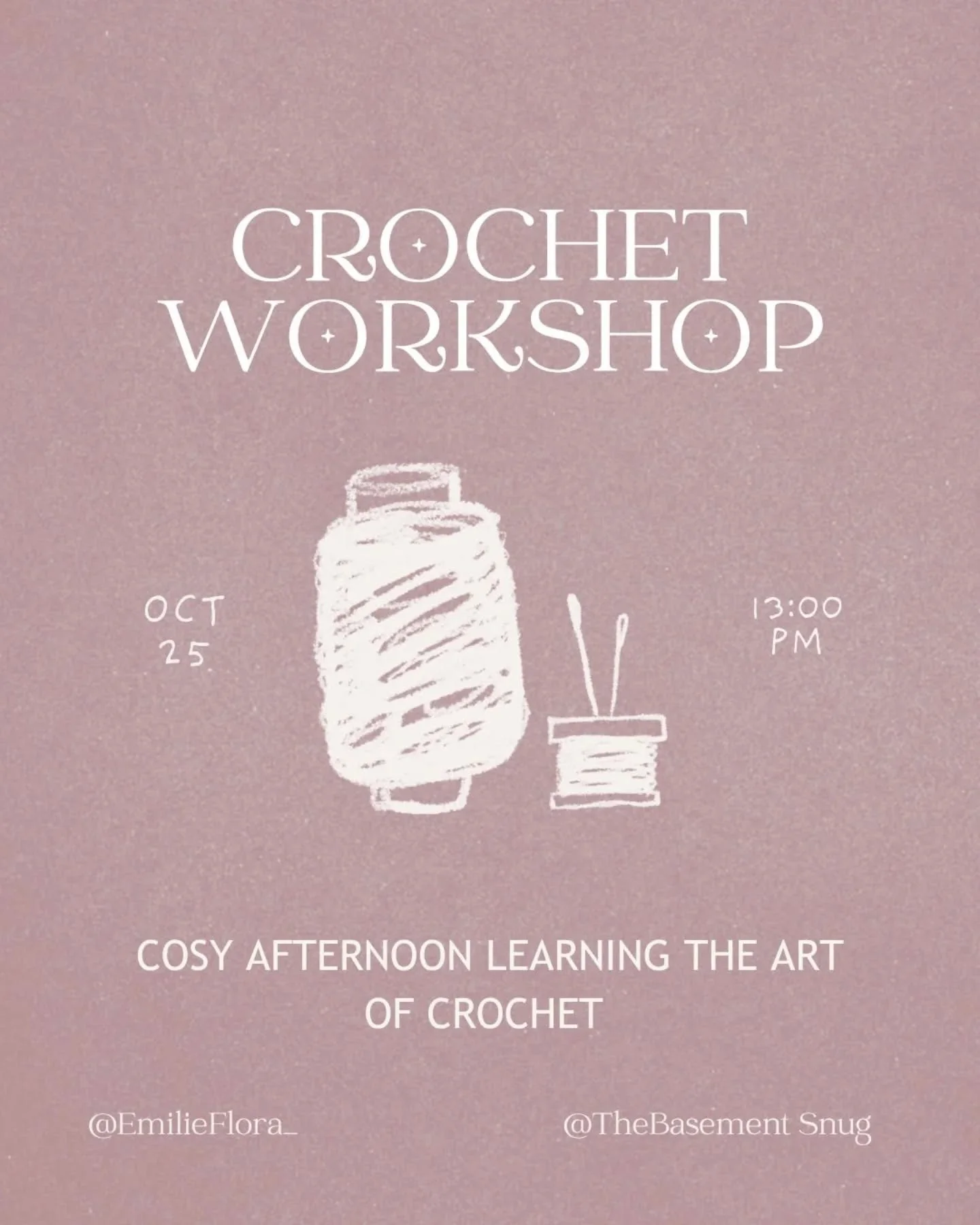 Join us on&nbsp;Saturday 25th October, 1-3pm&nbsp;for a cosy, beginner-friendly&nbsp;Crochet Workshop&nbsp;with the talented&nbsp;Emilie Flora&nbsp;🫶

Whether you're looking to try something new or pick up a mindful, creative hobby for the colder mo