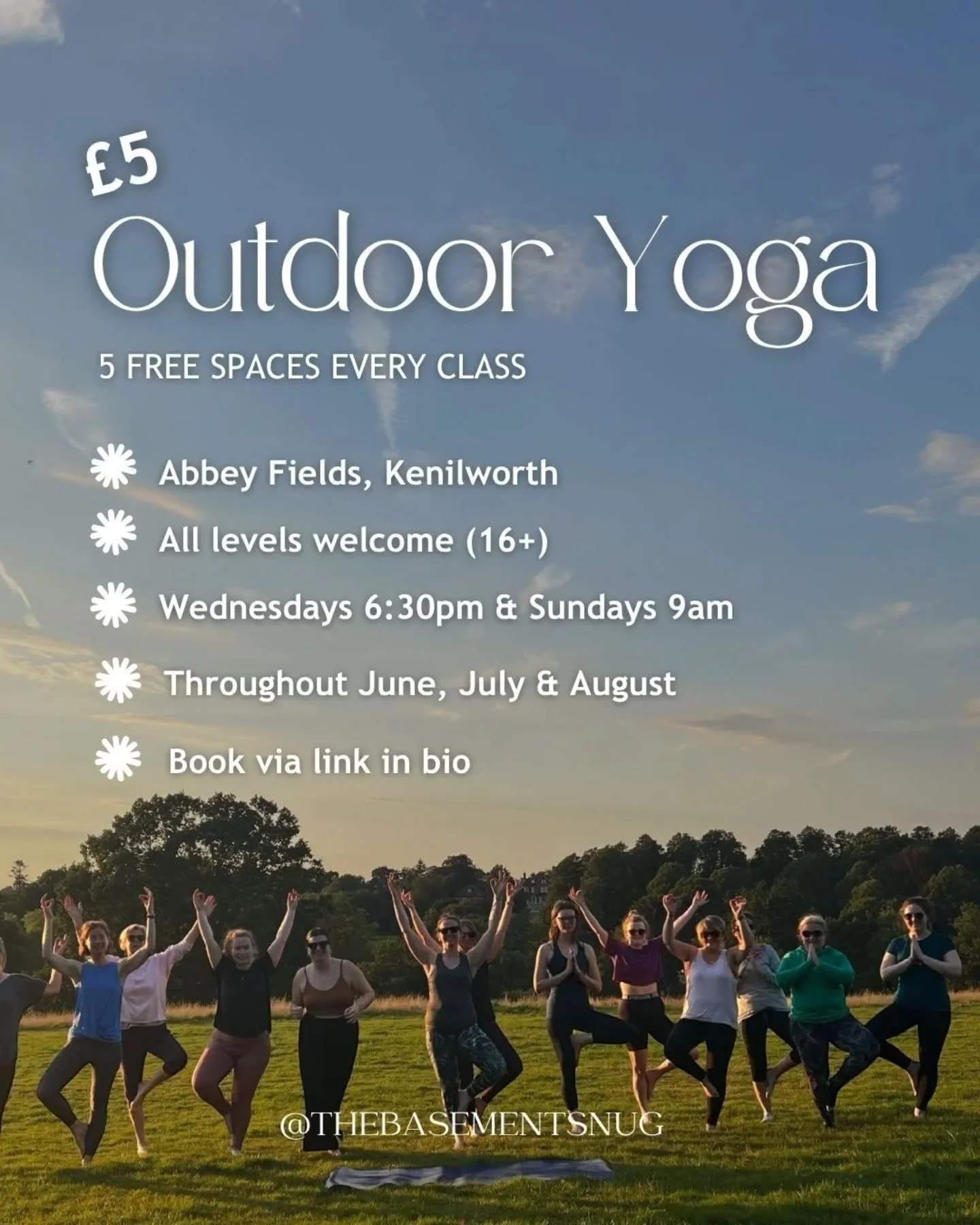 At The Basement Snug, we know yoga can still feel out of reach for many people.

This summer, we&rsquo;re running weekly outdoor classes in Abbey Fields with a simple aim:
to make yoga more accessible to our local community.

🌿&nbsp;&pound;5 per cla