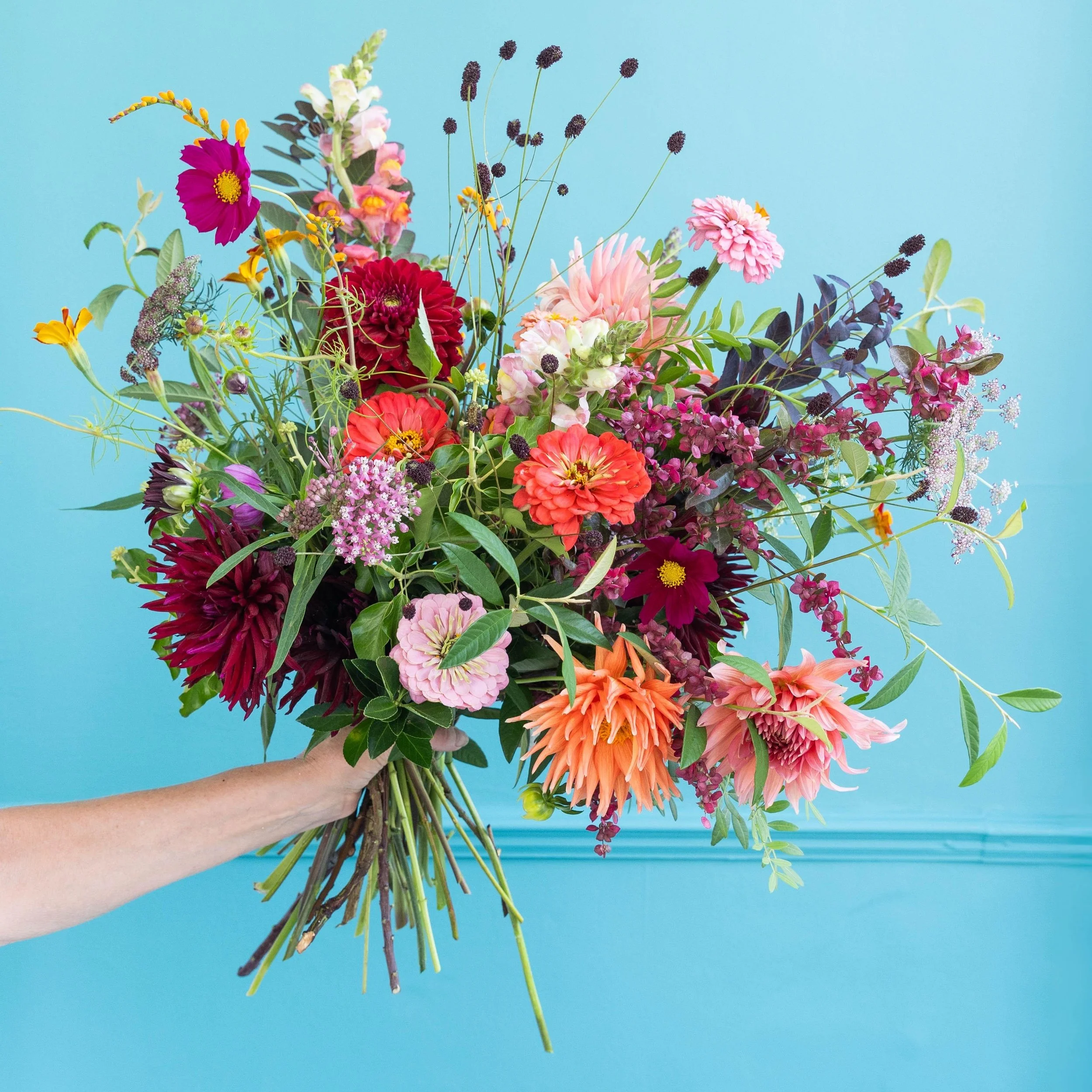 Mama Said Bouquet by Rebel Rebel, Dahlias, Cosmos, Sanguisorba and Zinnia