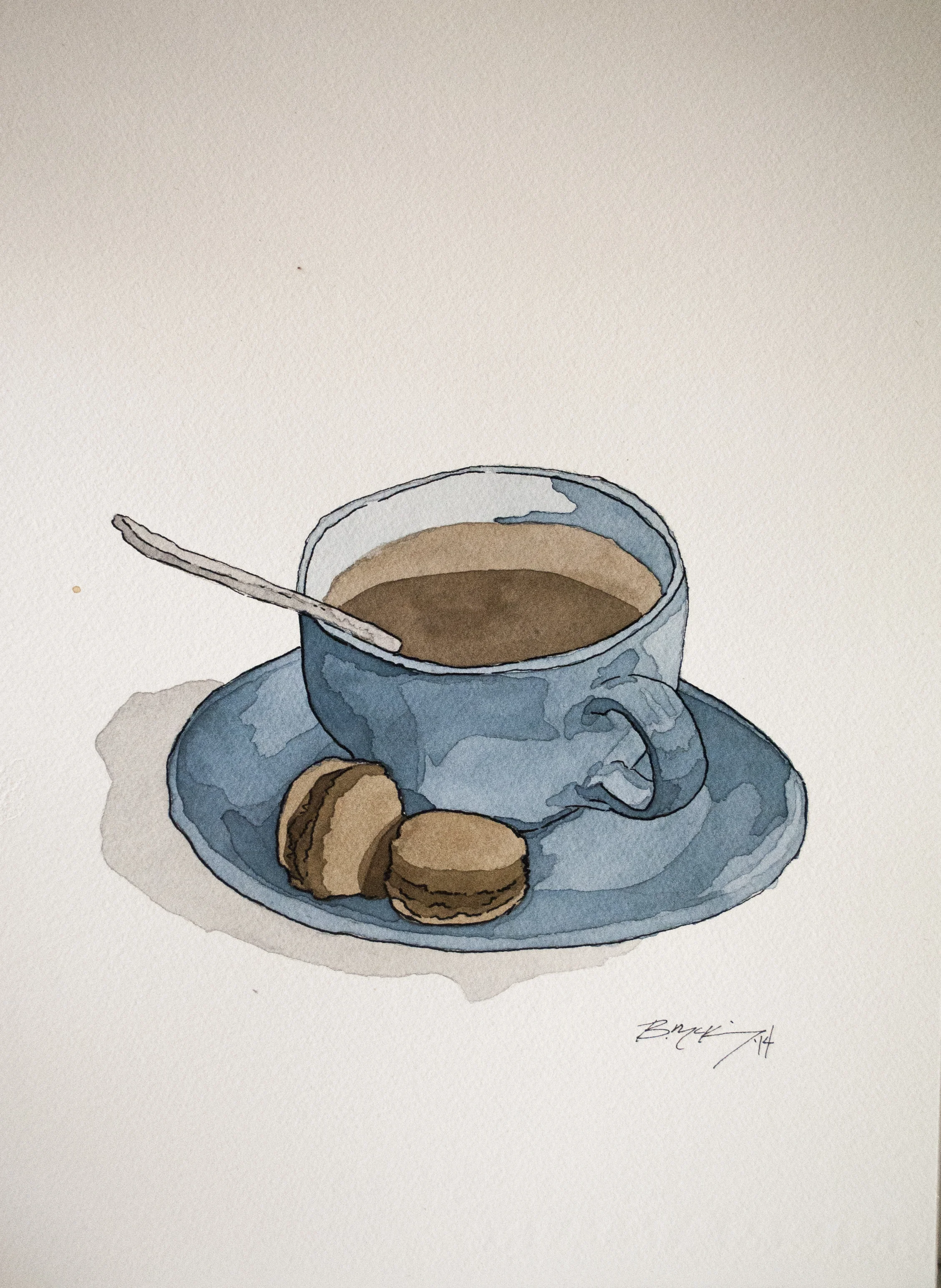 Coffee and Macaroons, Watercolor and Pen on 300lb 11x15 inches, NFS