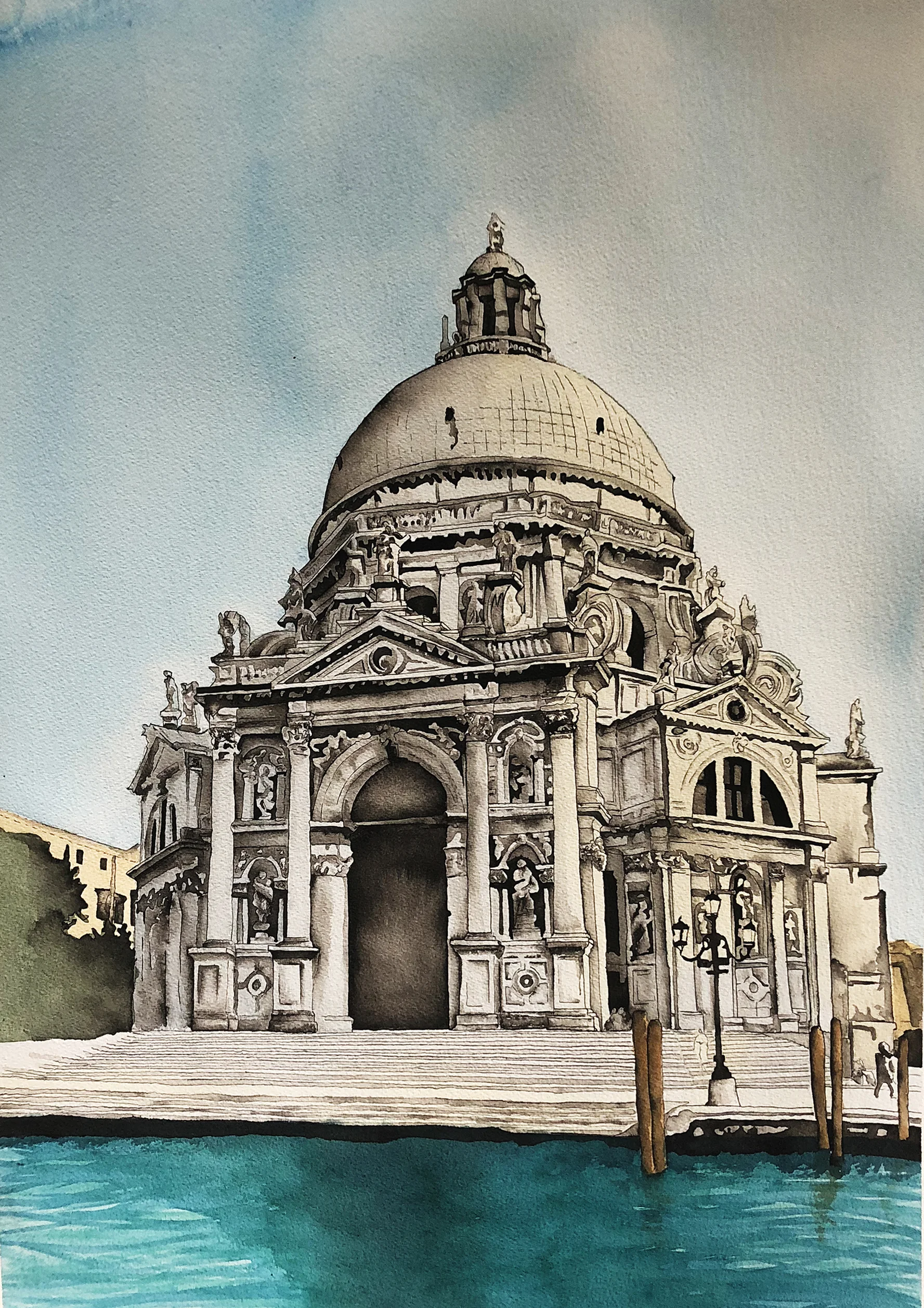 Santa Maria Over the Canal, Watercolor and Ink on 300lb, 22x30 inches, 2018