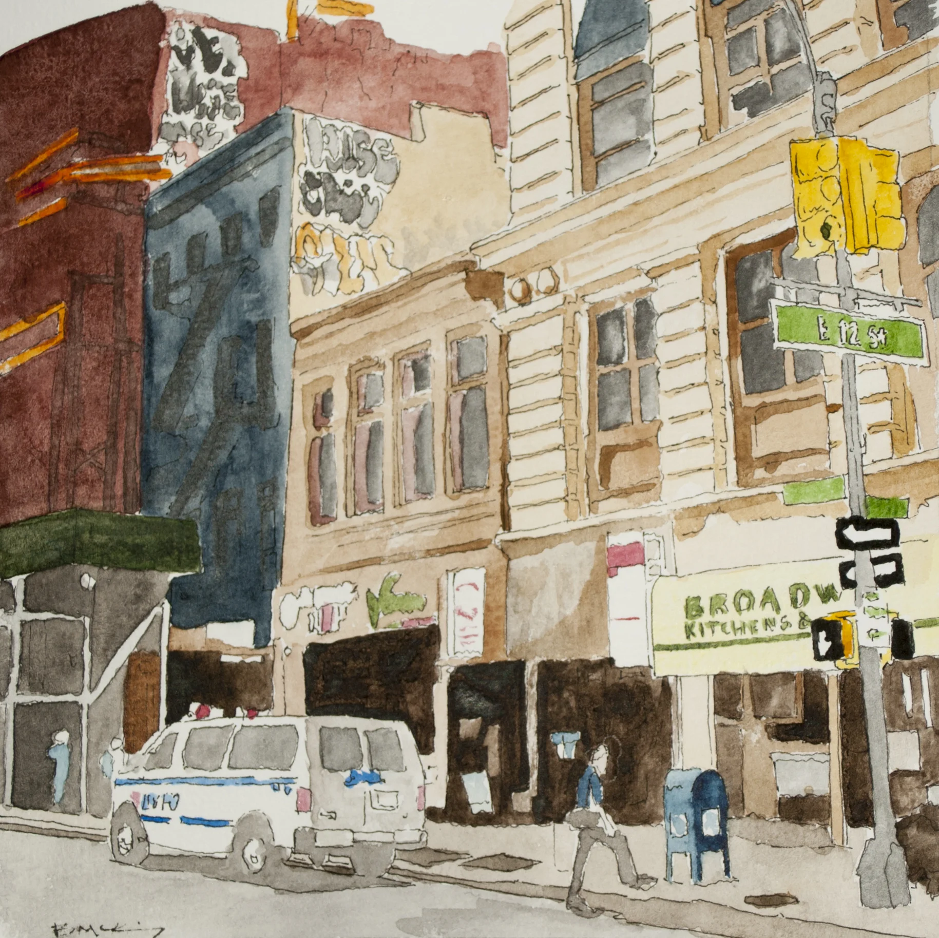 12th and Broad, Watercolor and Pen on 90lb, 5x5 inches, 2018 SOLD