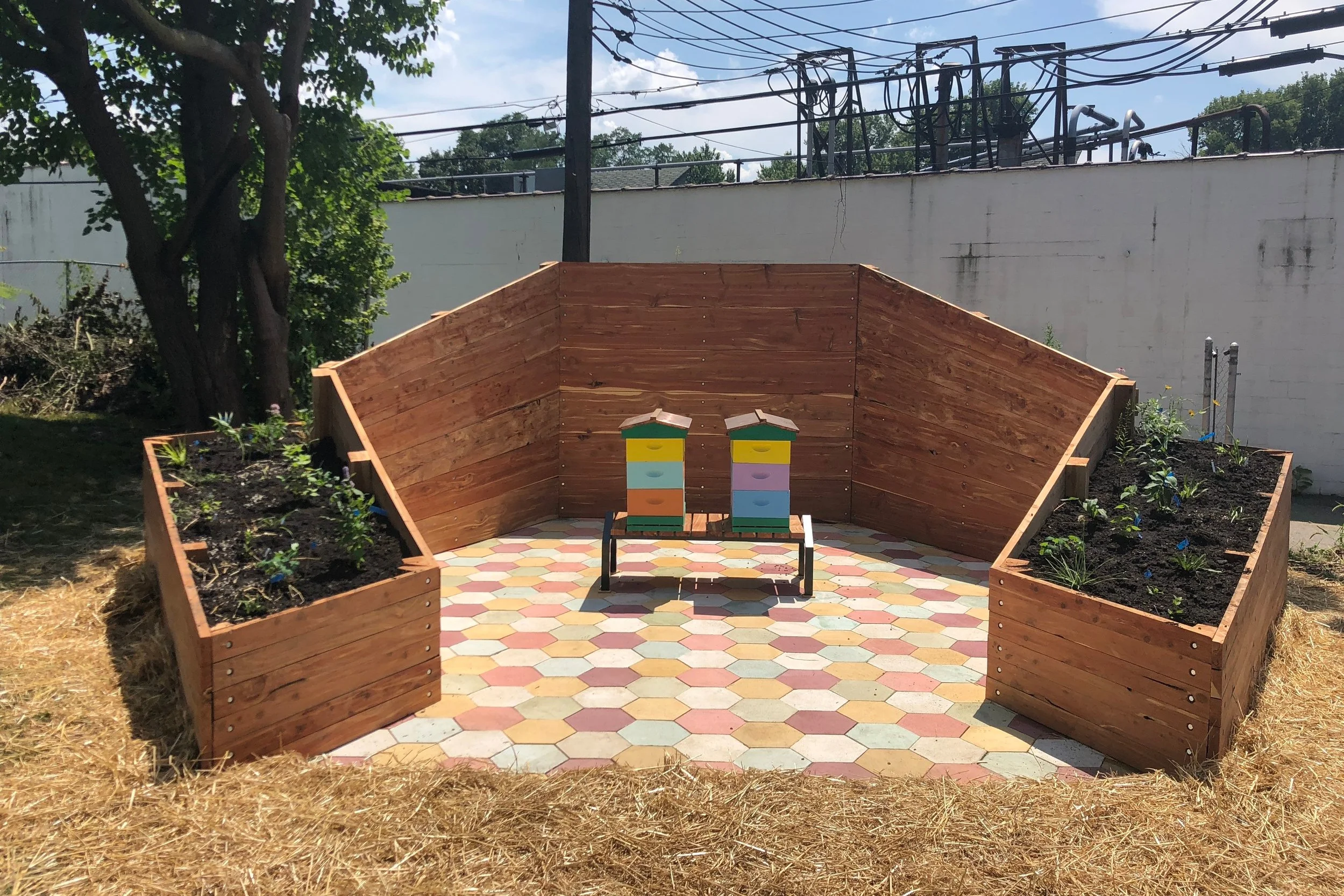 The completed “Indianapolis Bee Sanctuary” now a permanent offering on the grounds Tube Factory artspace. Photo by Shauta Marsh