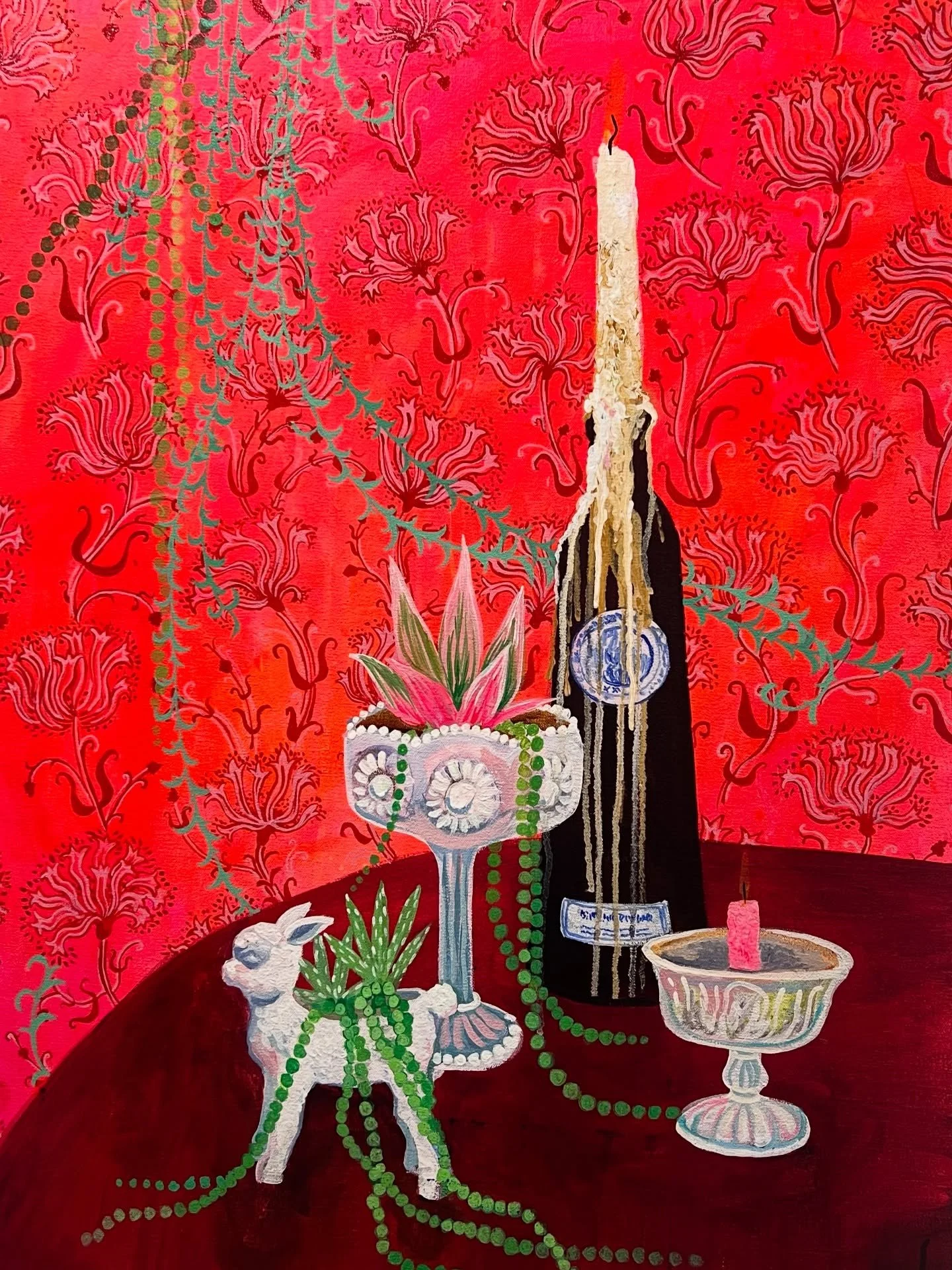 Amy Kligman, &ldquo;Call your Mother,&rdquo; 36&rdquo; x 24,&rdquo; Acrylic on canvas, 2025, from her commissioned exhibition &ldquo;Shrines of the Luminous Halo&rdquo; featuring 23 still life paintings.

Kligman&rsquo;s series gives form to Virginia