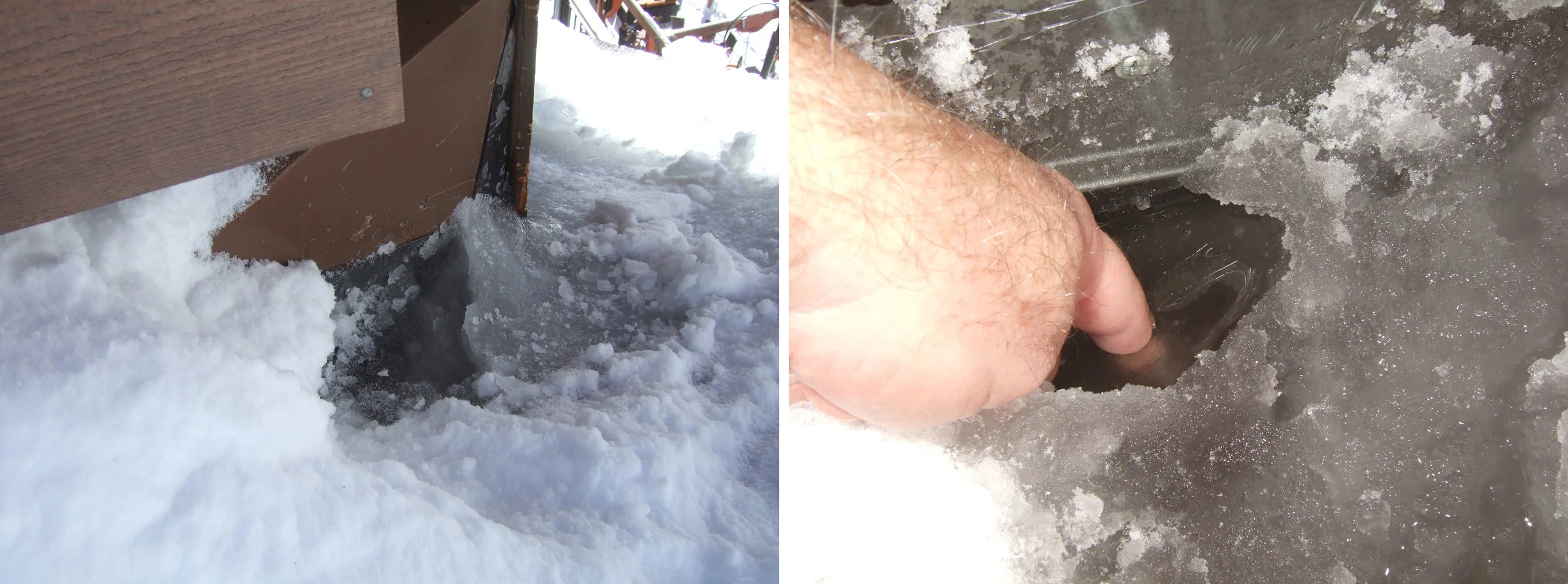Figure 1: An ice dam near the roof edge is holding back meltwater which can make its way under the roof shingles and into the building.