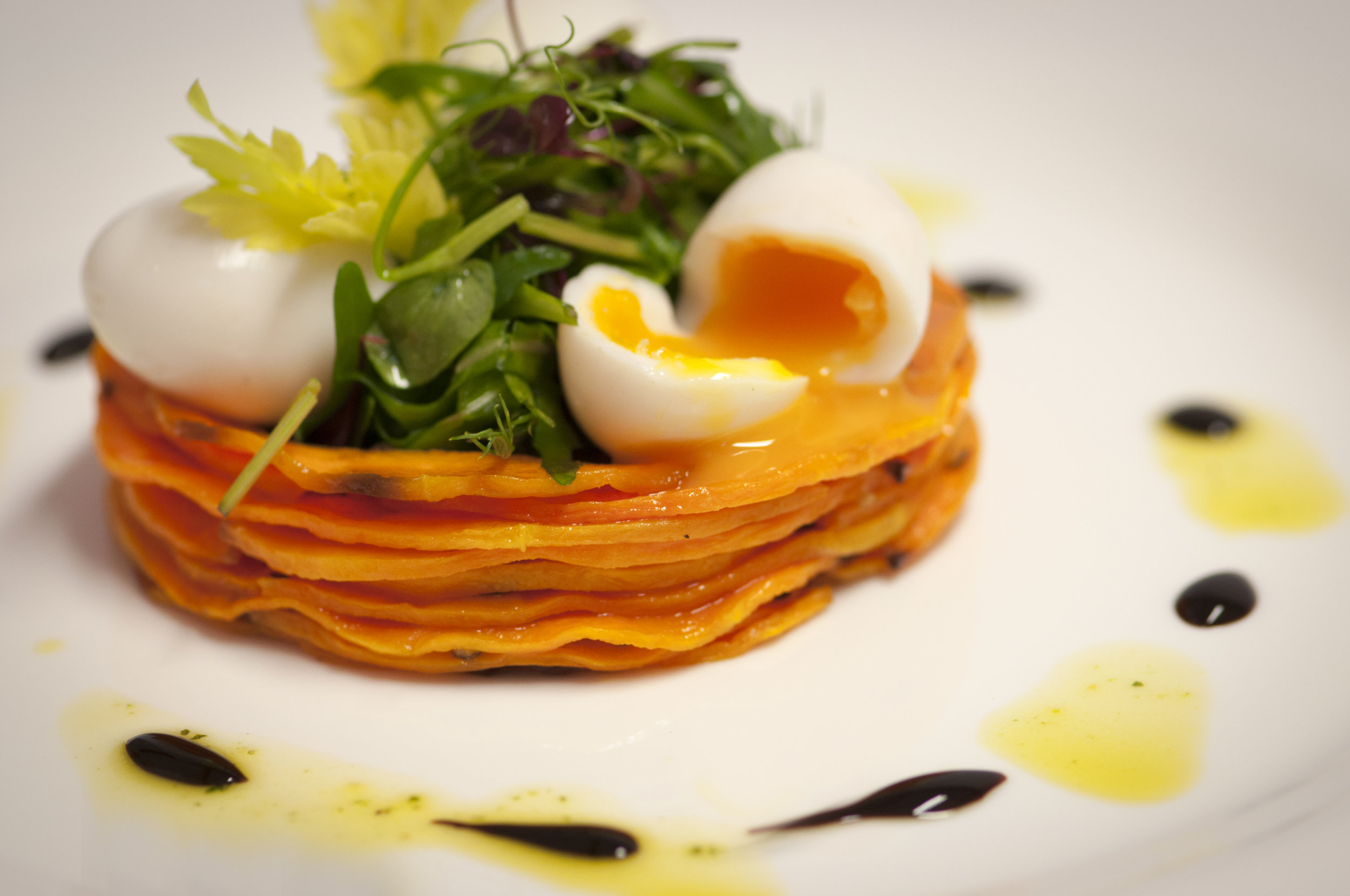 BUTTERNUT SQUASH STACK WITH QUAIL EGGS