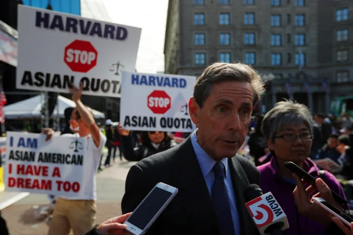 One day before the trial, Founder of Students for Fair Admissions (SFFA) speaks to reporters at a rally in Boston (Oct.14).