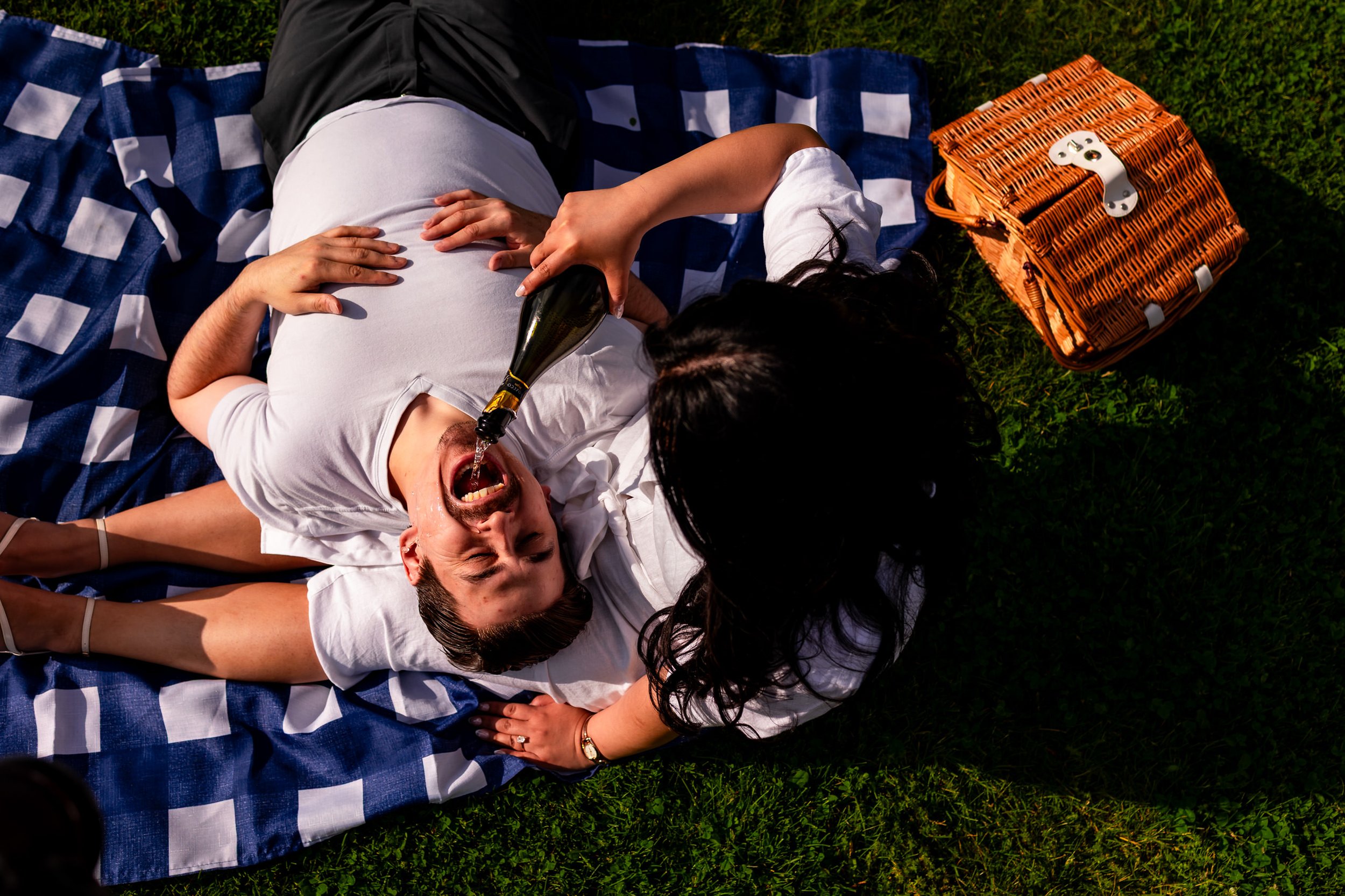Overhead picnic engagement photo Niagara on the Lake champagne candid