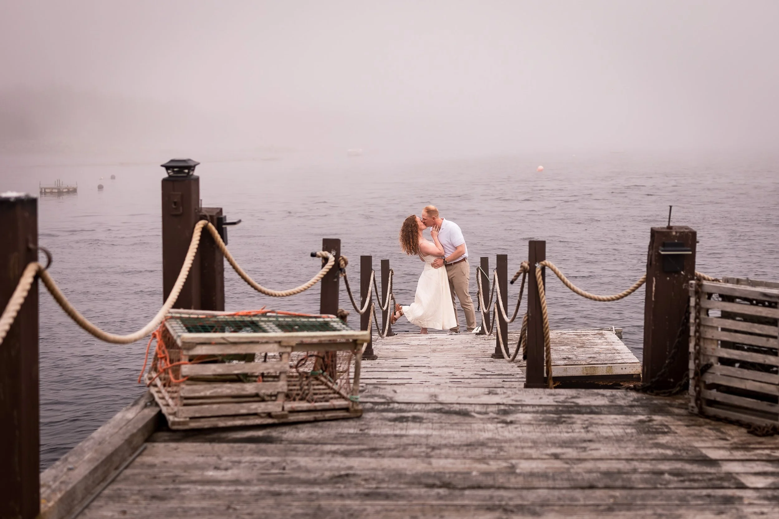 Harbour’s Reach Engagement Photos in Ketch Harbour with Coastal Fog | Emma and Steven