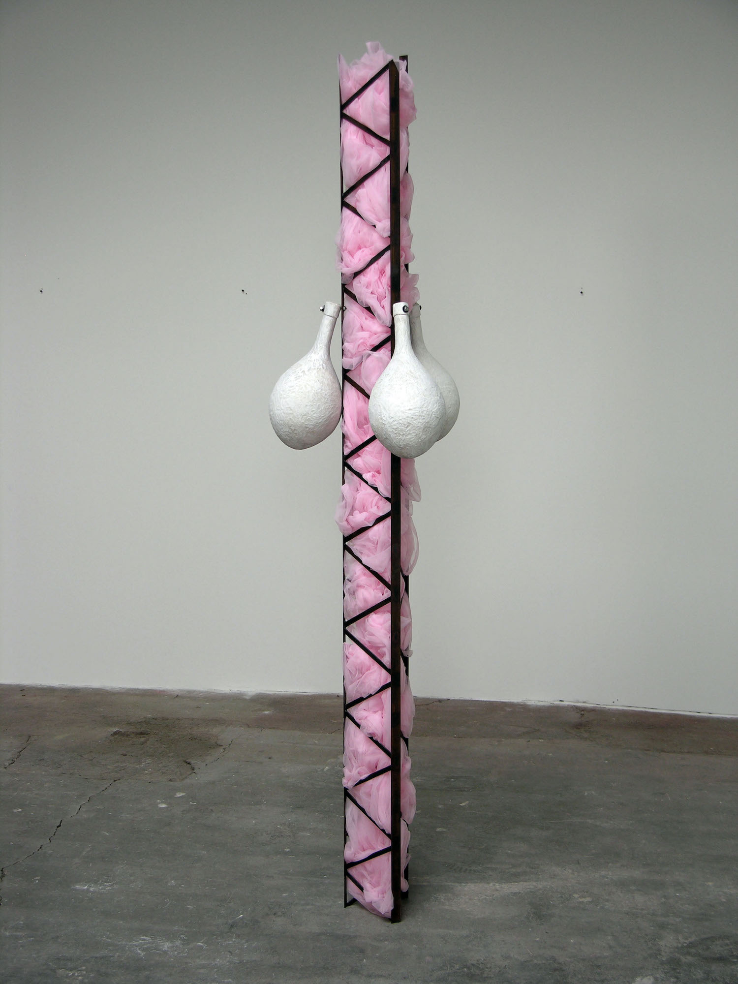  S Machine (2007), tutu fabric, steel, wood  A few feet away, “S. Machine,” another hollow steel truss, flirts with other modalities. It is lightly stuffed with a pink gauzy material evoking the feminine; dangling one third of the way from the top ar