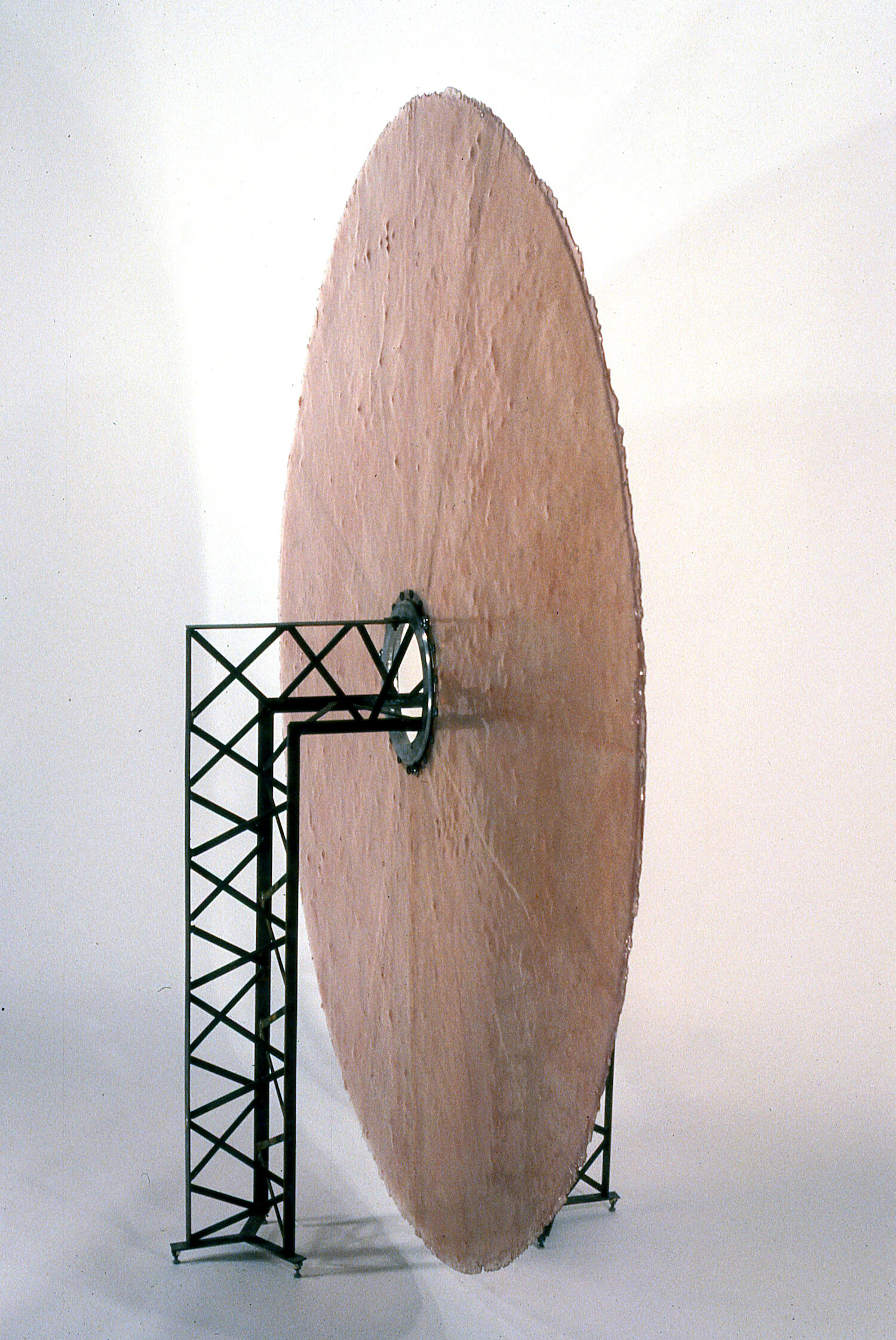  Big Wheel (1997), polyester resin, steel, 74 x 74 x 29 in  (1.8 x 1.8 x .73 m)   ‘Big Wheel  also reflects Butter’s Interest in childhood play. A large, thin disc of translucent pink fiberglass is mounted on an axle supported by armatures; just over