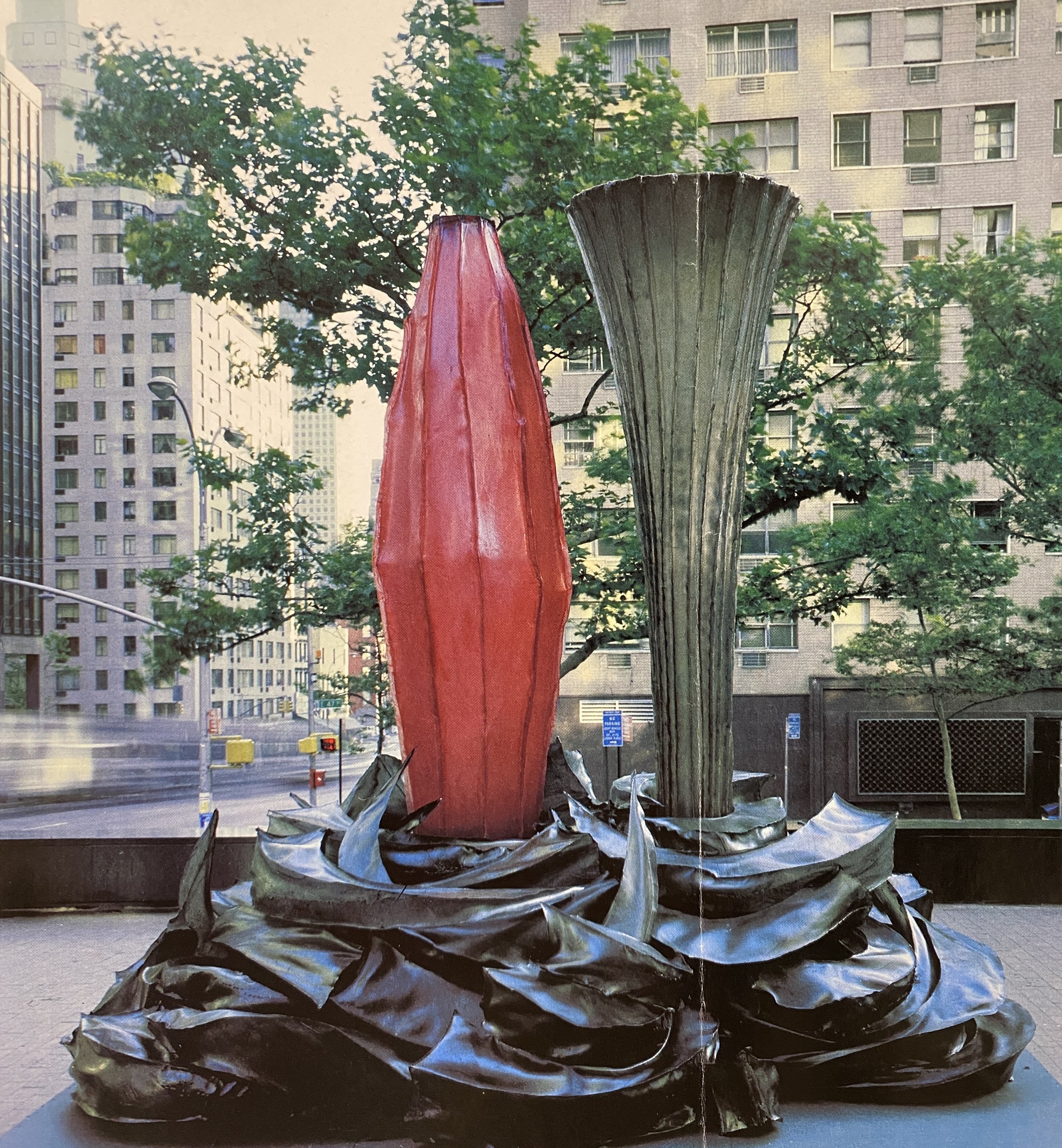  W.H./M.M.D., 1983, fiberglass and resin, 16’ high (4.87 meters), Hammarskjold Plaza Sculpture Garden, Second avenue at 47th St., New York City (photo: Peter Bellamy)  Cryptically titled W.H./M.M.D., this three-part sculpture is Tom Butter’s second l