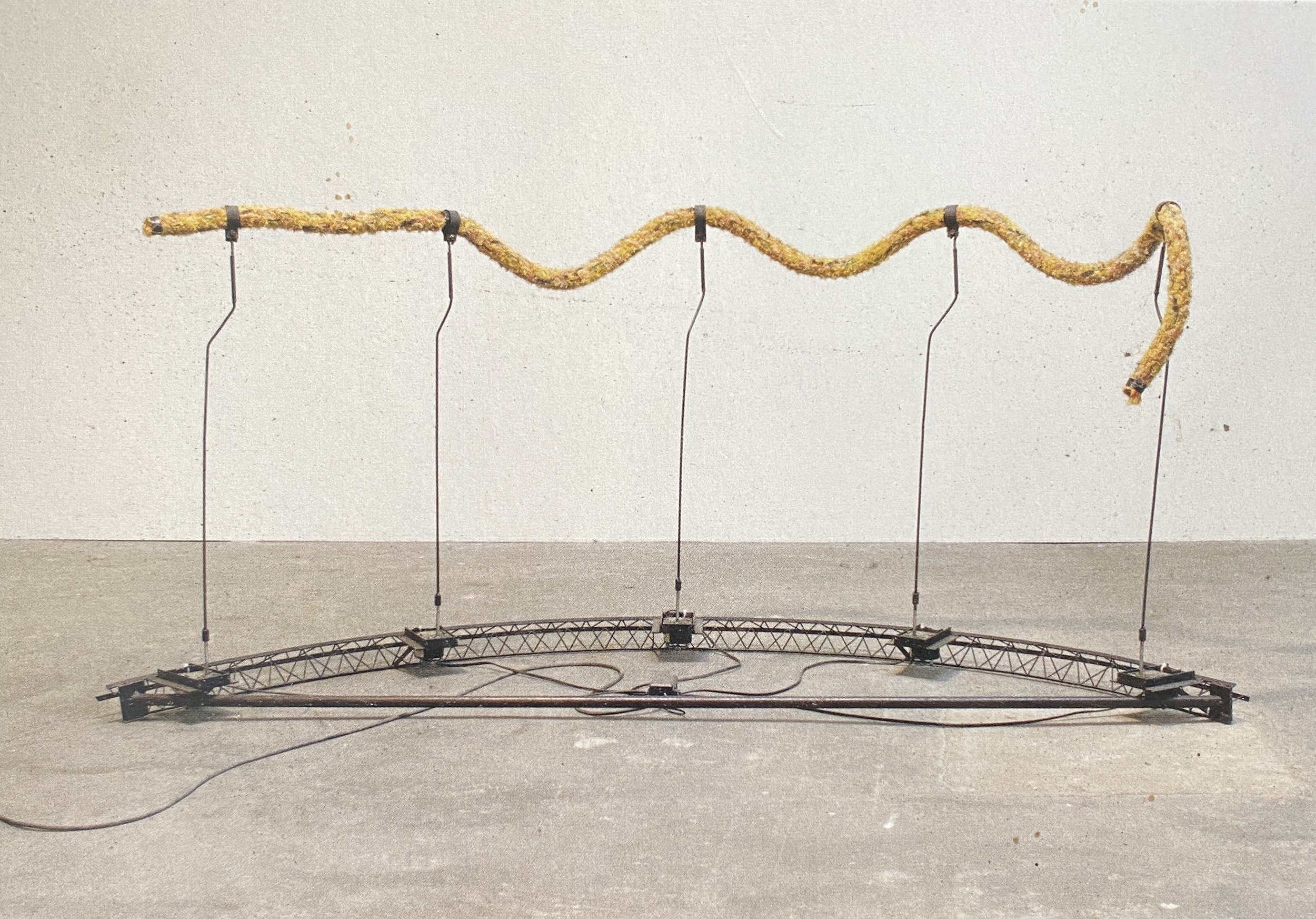  Rope Trick (2016), 78” l x 28”w x 36”h, steel with motor, hauzer, foot pedal and timer, freestanding kinetic sculpture 