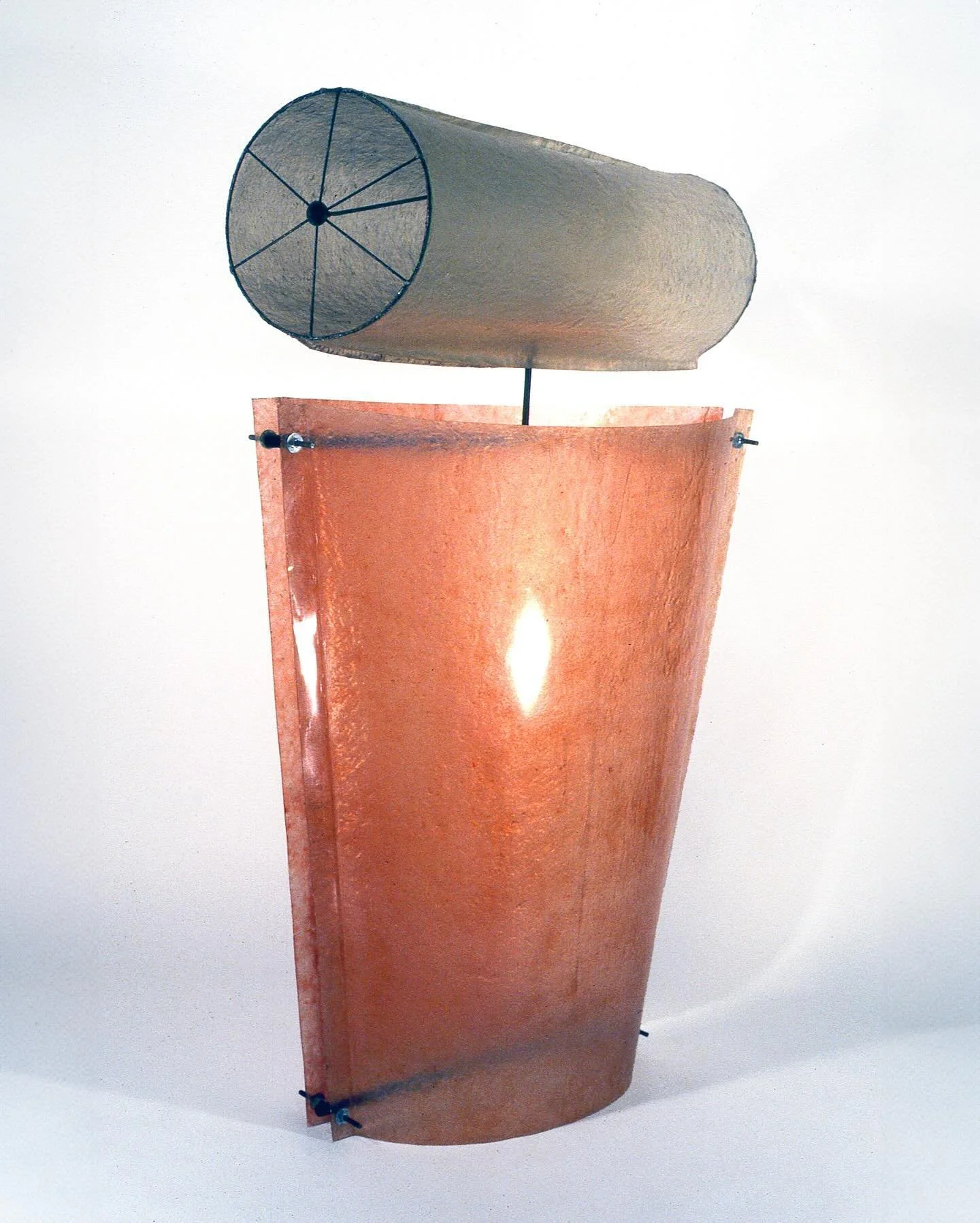Observatory 1997
5&rsquo; 10&rdquo; x 3&rsquo; 8&rdquo; x 4&rsquo;
steel, fiberglass, dye (cylinder can be spun by hand)
#tombutter 
#curtmarcusgallery
#artofthenineties
#abstractsculpture