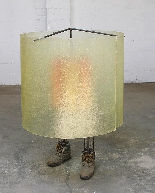 Lampshade 2004 
4&rsquo;2&rdquo; x 3&rsquo; 2&rdquo; x 3&rsquo;2&rdquo;
fiberglass, steel, work boots
swipe for interior detail- cylinder can be spun
#tombutter 
#artofthetwothousands
#abstractsculpture