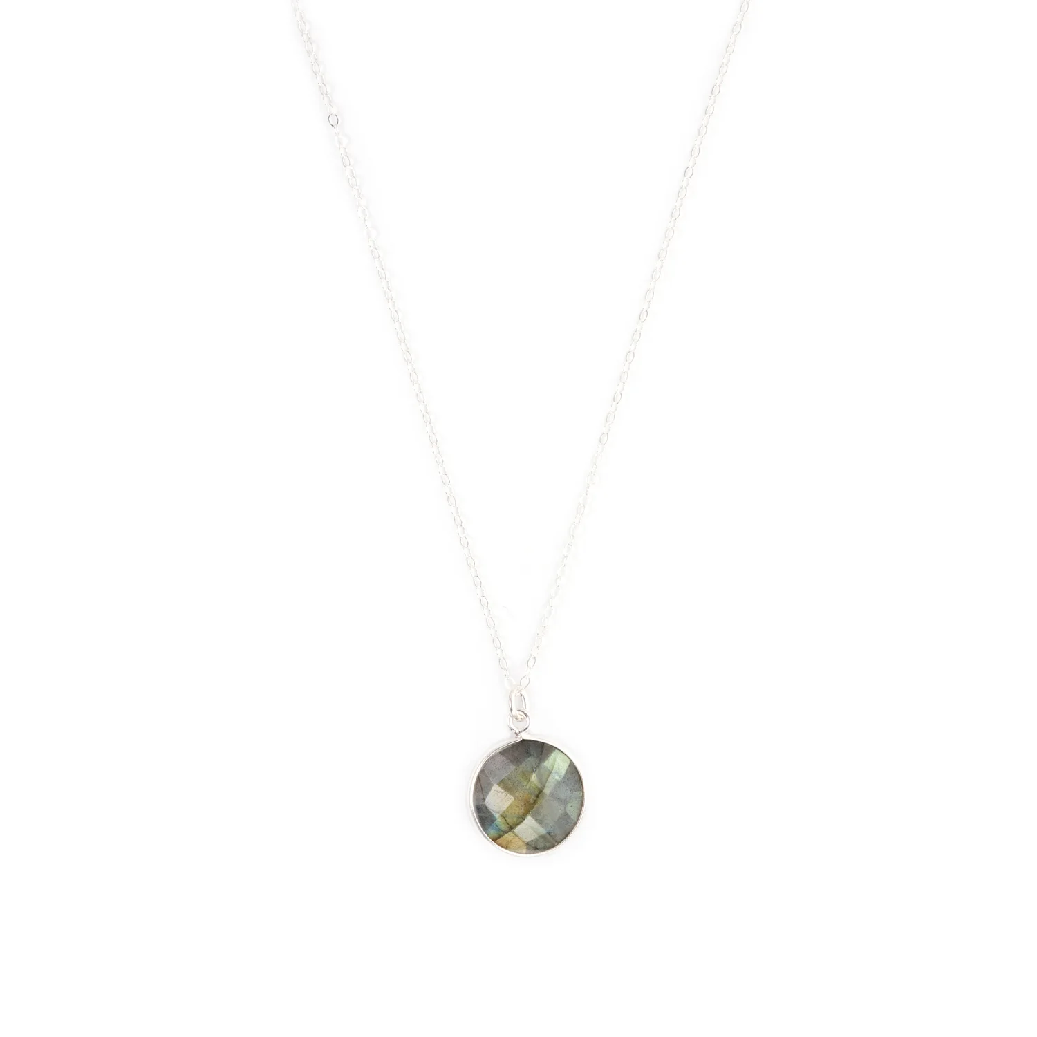 Round Labradorite pendant necklace framed in sterling silver