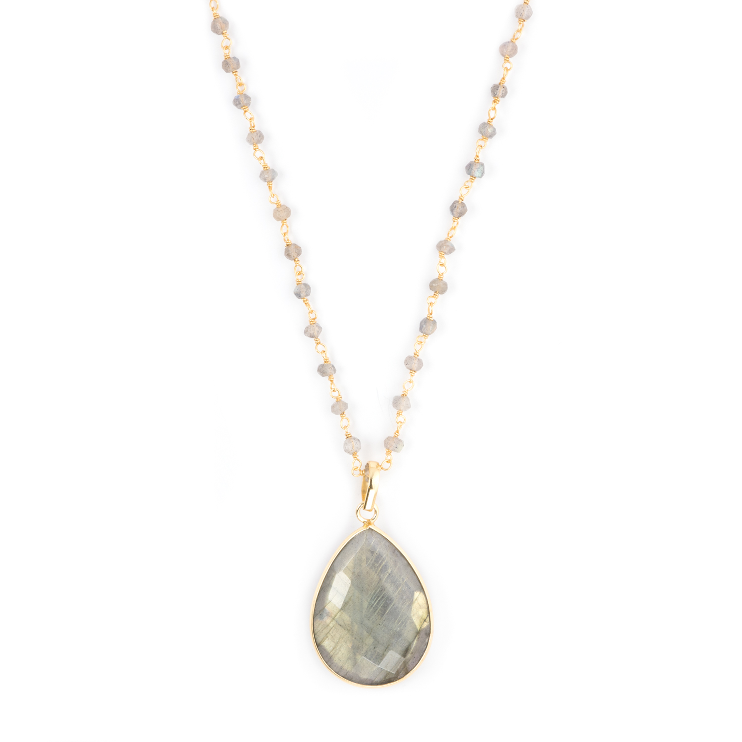 Teardrop Labradorite pendant on long gold chain necklace