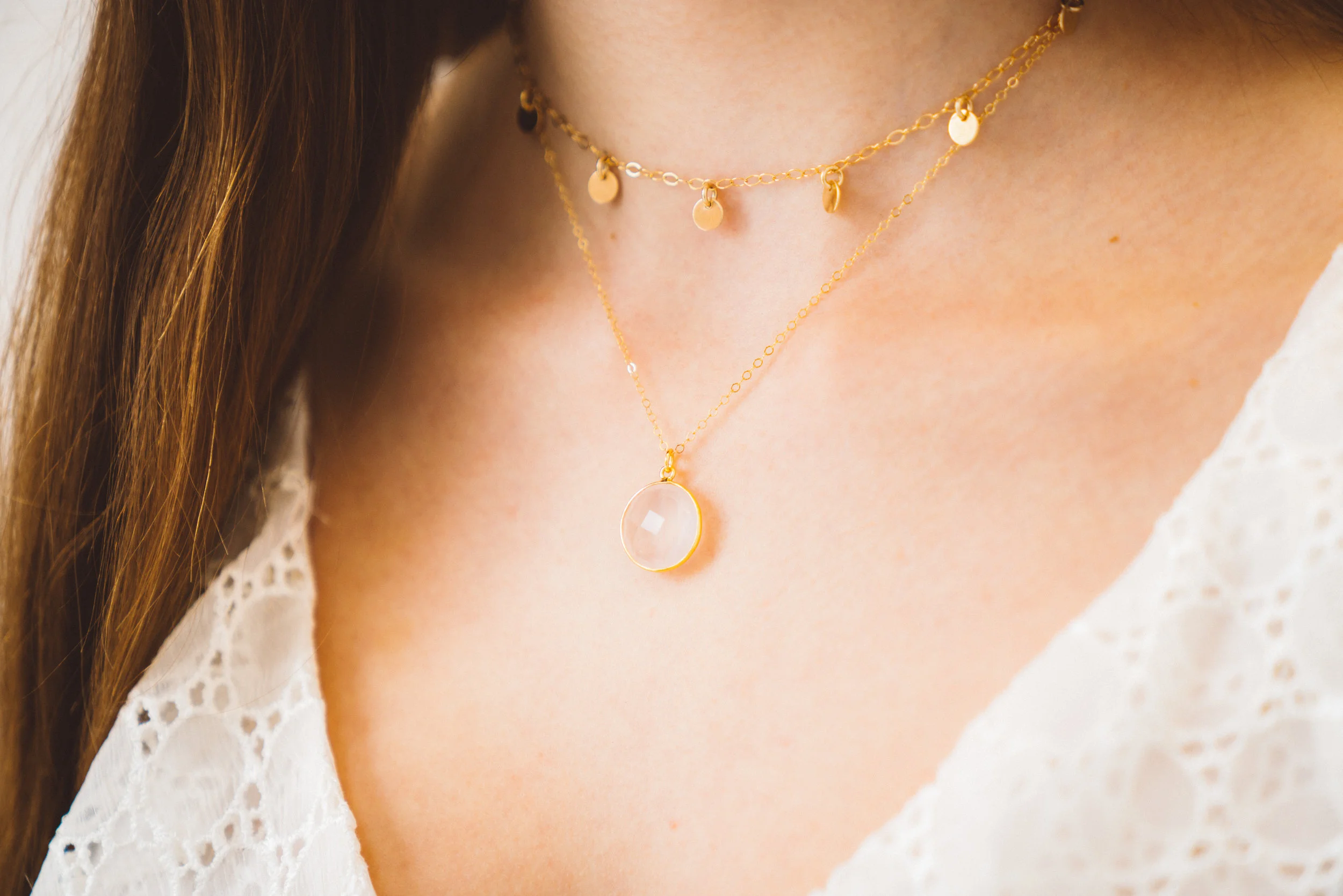gold layering necklace with simple gold discs and gold chain
