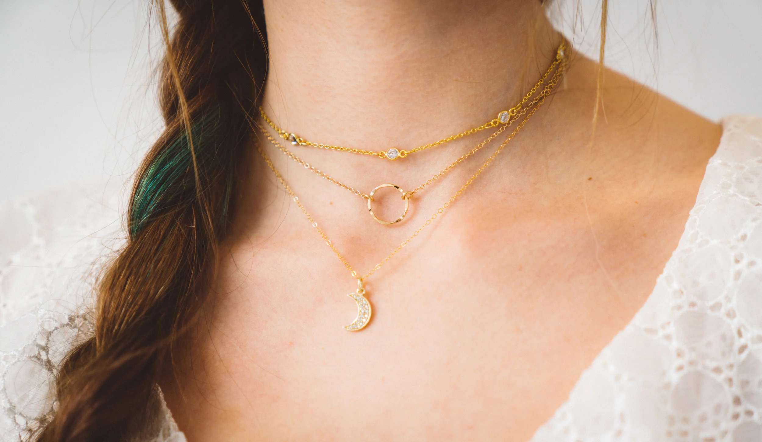 Simple gold and Czech crystal crescent moon necklace