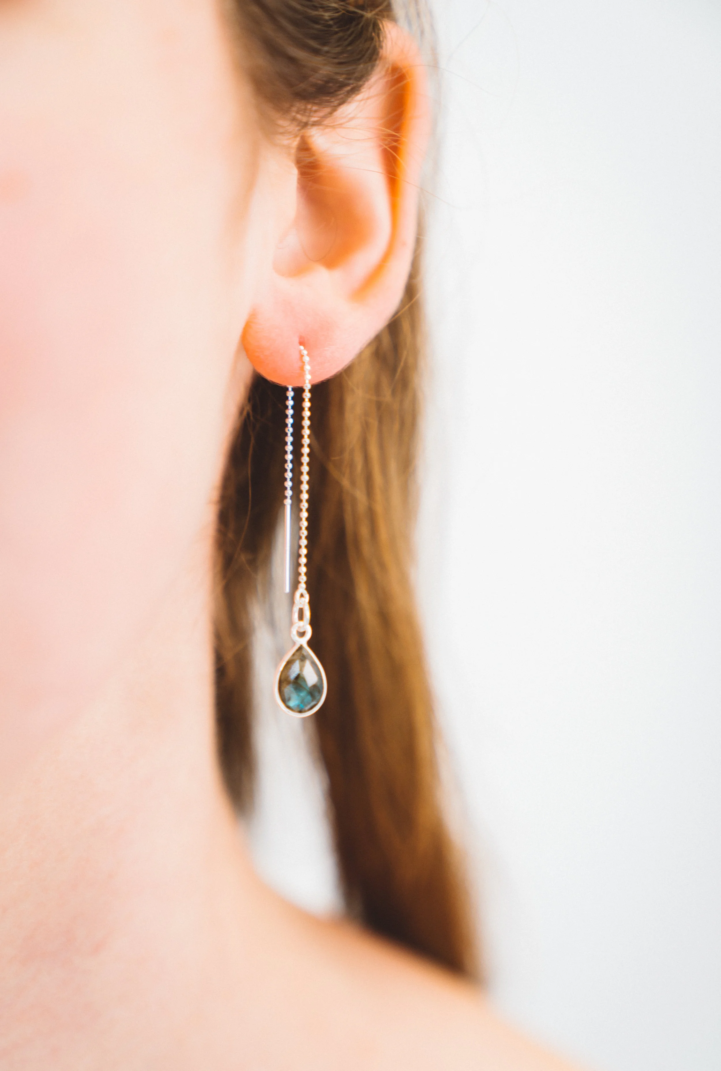 Everyday essential sterling silver threader earring with labradorite gemstone
