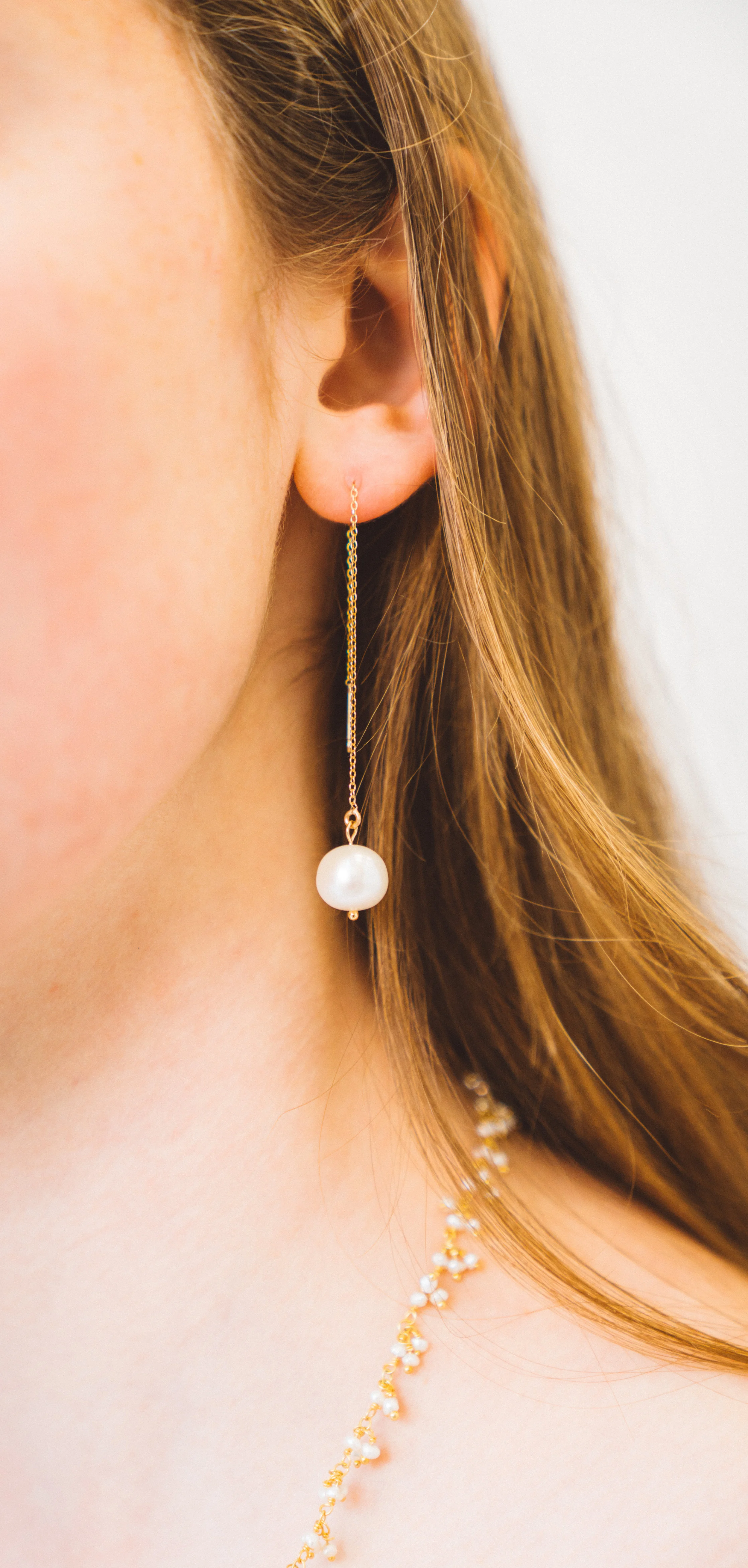 Pearl threader earrings in 14k gold fill