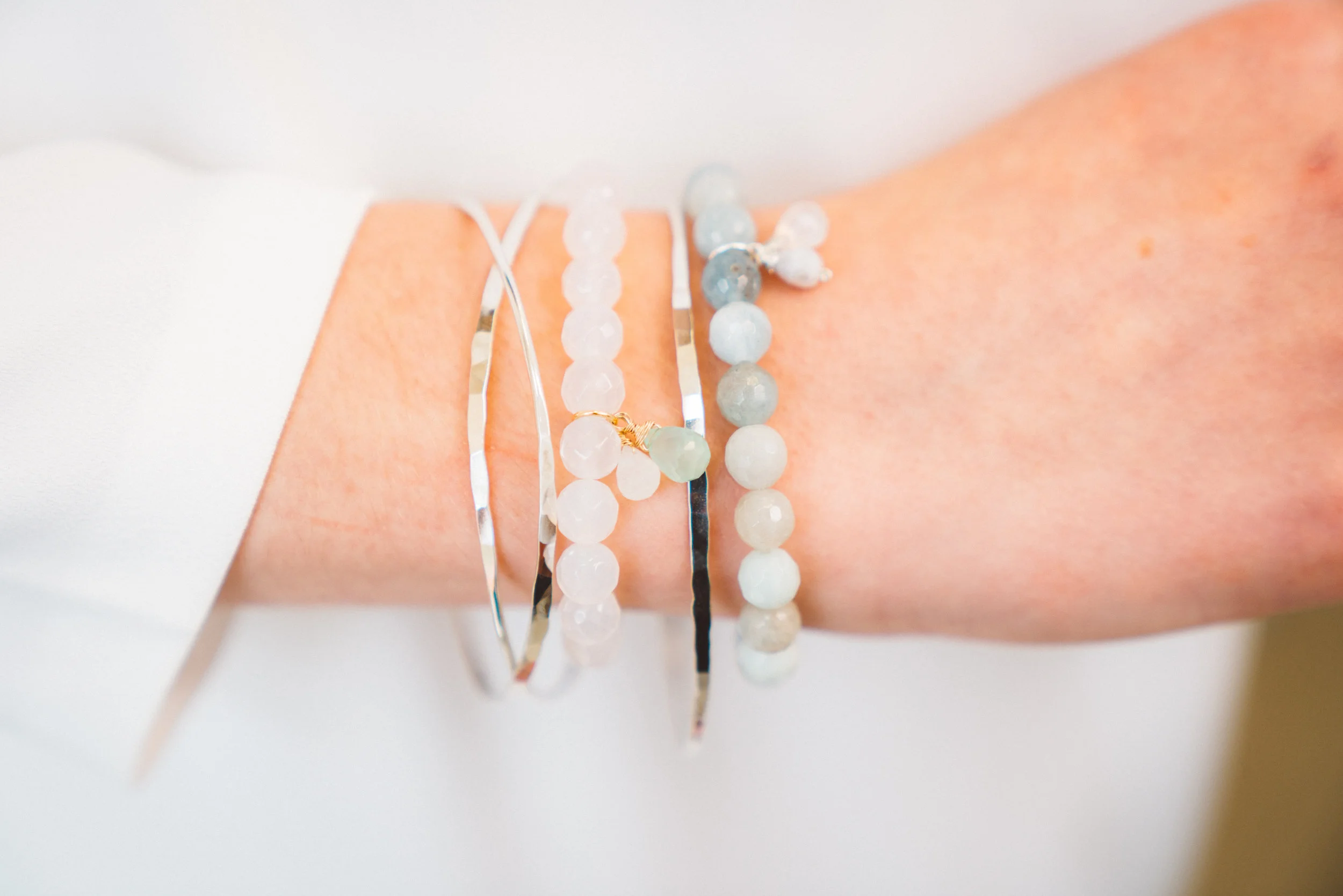 Boho chic stackable style gemstone bracelets in moonstone