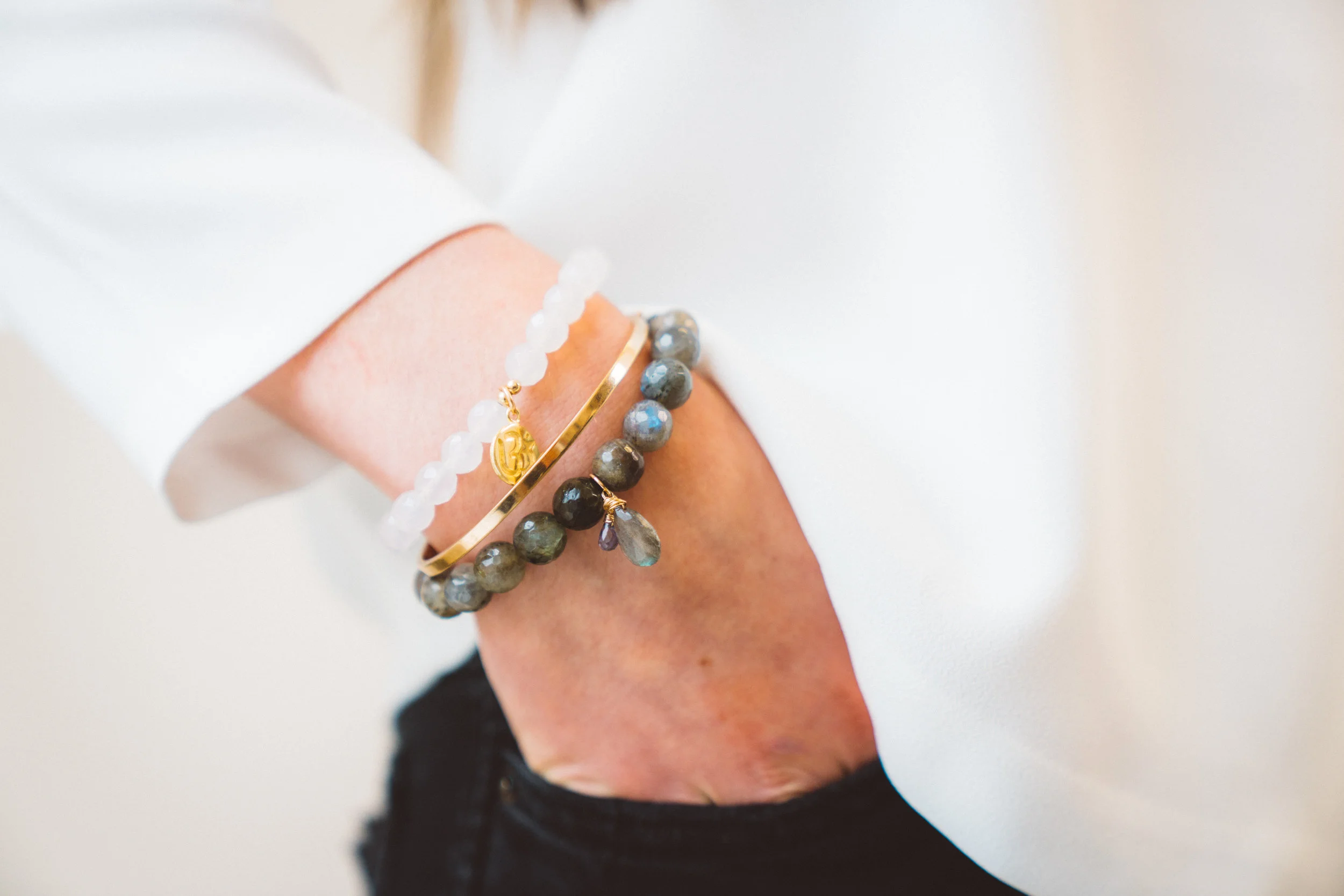 Mala style moonstone bracelet with Om charm