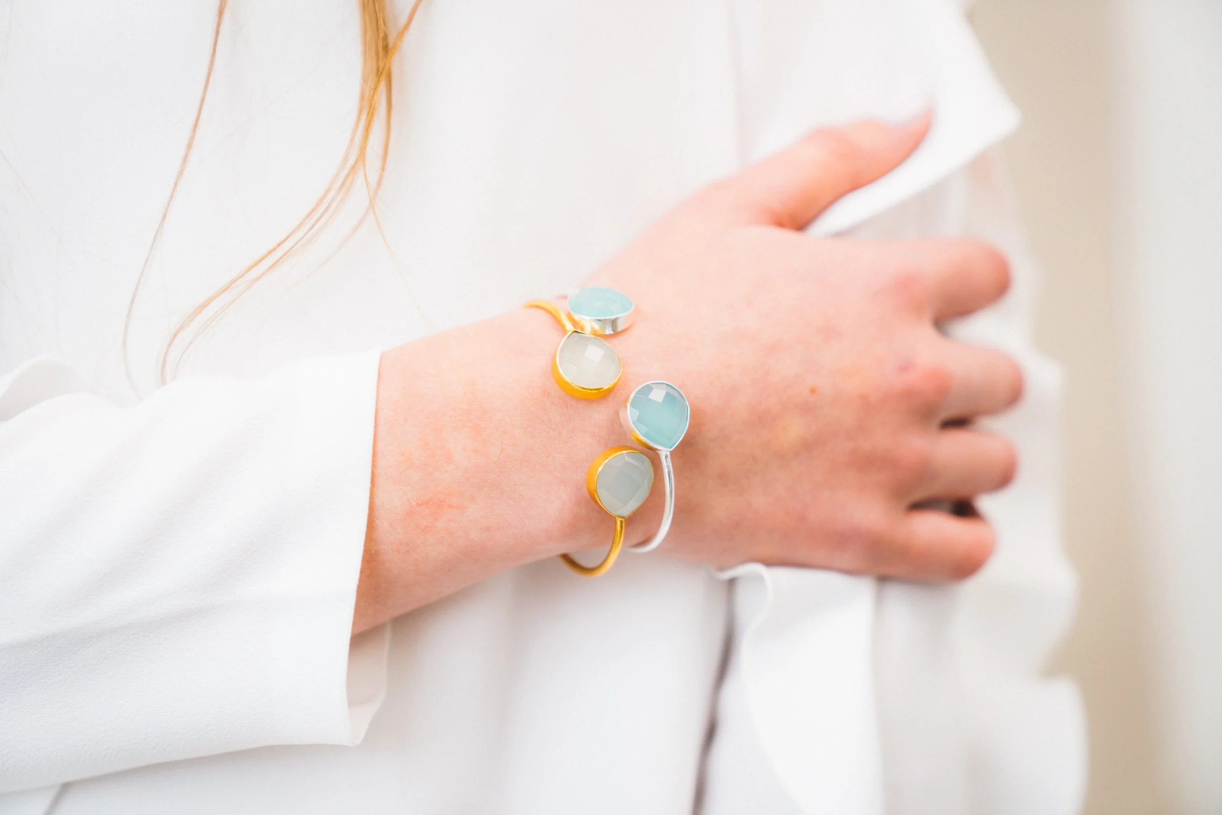 Aqua chalcedony gemstone bangle bracelet in sterling silver or gold