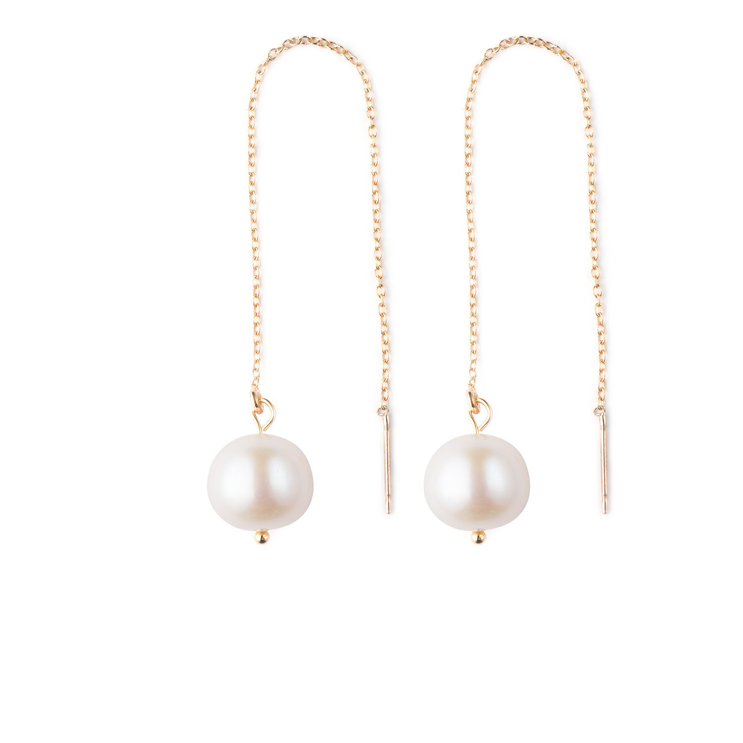 Delicate 14k gold fill threader earrings with one large pearl