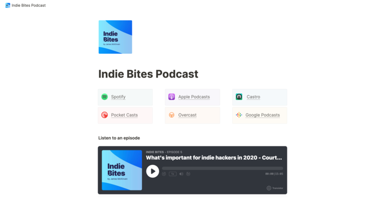 Indie bites podcast notion landing page website.png
