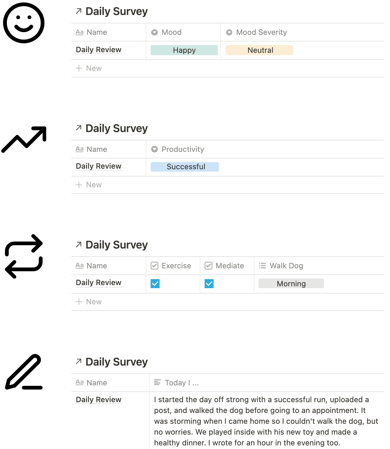 Notion Ideas Vertical Database Survey Daily Review Red Gregory