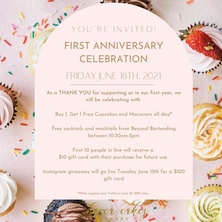 Come celebrate with us next Friday for our bakery anniversary, June 18th! 🥳
Since we opened in the worst part of covid, we didn&rsquo;t get to have a grand opening so we are making up for it with a huge anniversary event! Come enjoy BOGO on cupcakes