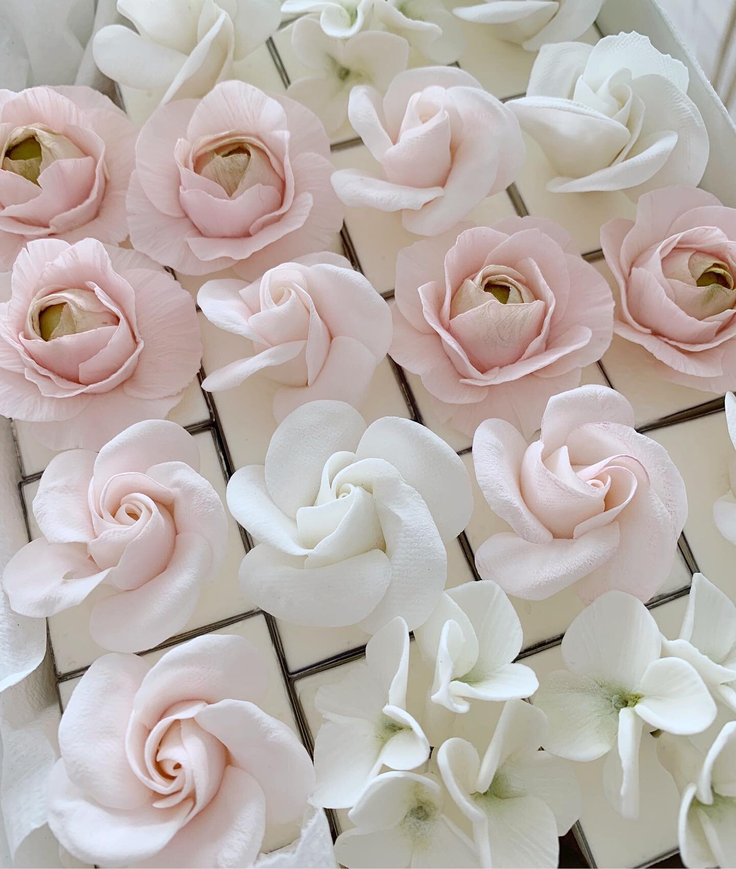 Delicate little sugar flowers all lined up in rows 🌸✨ each flower is handmade from start to finish from homemade gumpaste to forming and texturing every petal to dusting each flower go bring it to life! They take a lot of patience but are still my f