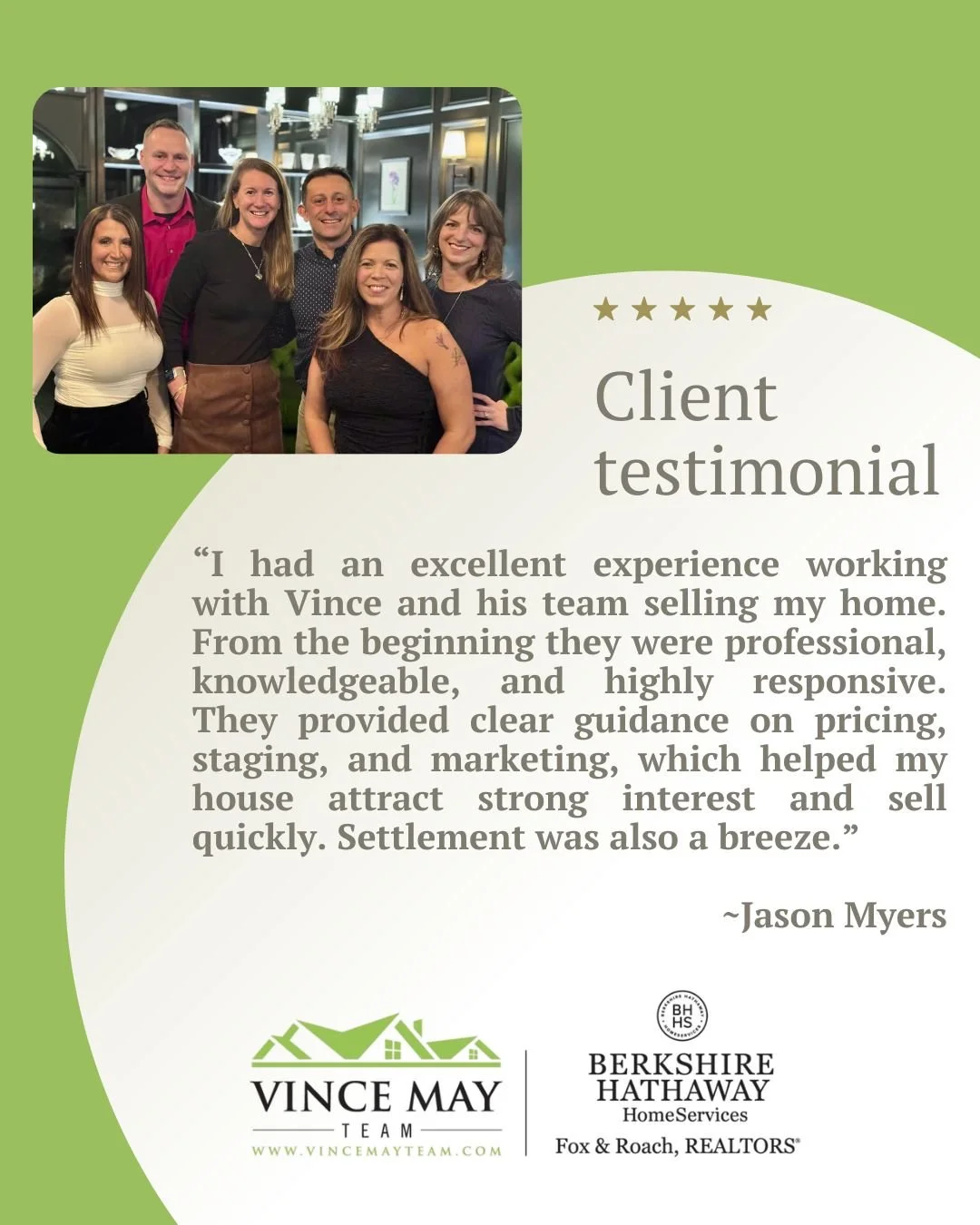 ⭐ We&rsquo;re Grateful for Our Clients ⭐

Receiving positive feedback from our clients means the world to us. Helping you navigate the buying and selling process with confidence is always our top priority.
Thank you for trusting The Vince May Team to