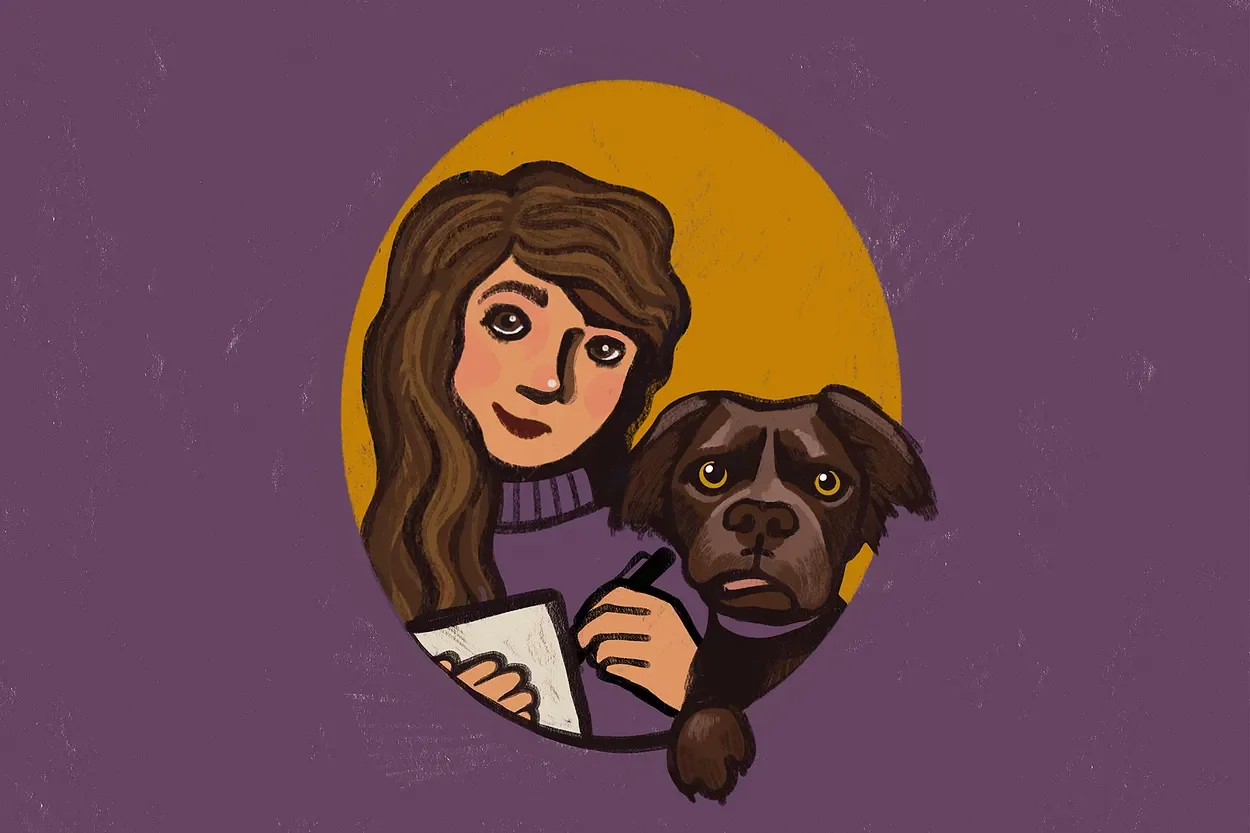 Illustration of a woman writing in a notebook beside a brown dog, framed within a golden oval on a purple background.