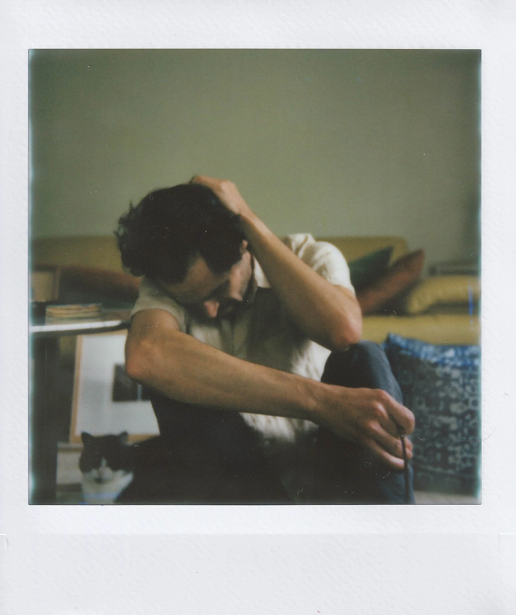 self portrait 3, with cream puff, my house, morning of thursday, 7-24-25.jpg