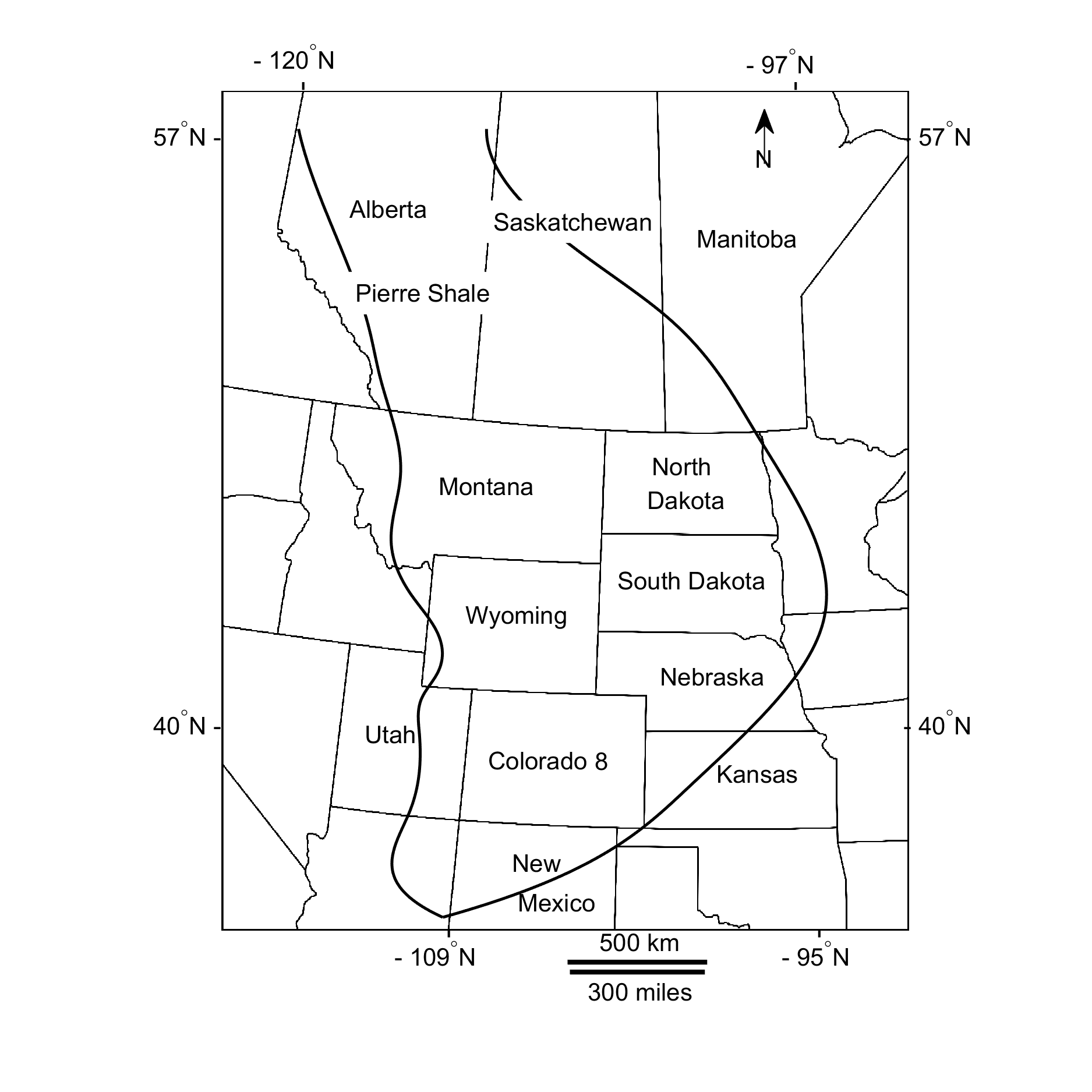 Basemap showing the approximate outline of the area applicable for this study. The area extends north into British Columbia and the Yukon, south into Texas. The Pierre Shale Formation outline is based upon: Roberts, L., and Kirschbaum, M., 1995, Paleogeography of the Late Cretaceous of the Western Interior of Middle North America- Coal distribution and sediment accumulation, USGS Professional Paper 1561, US Government Printing Office, http://pubs.usgs.gov/pp/1561/report.pdf.