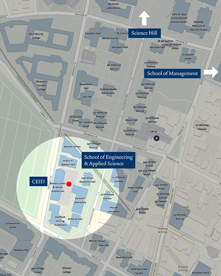The red dot marks the site of the future Tsai CITY, at the heart of Yale’s innovation corridor. The project is slated for completion in late 2019.